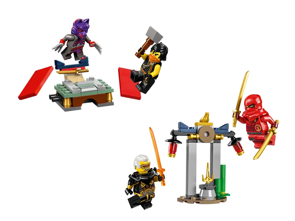 Zestaw Lego Ninjago z wieloma minifigurkami i konstrukcjami.