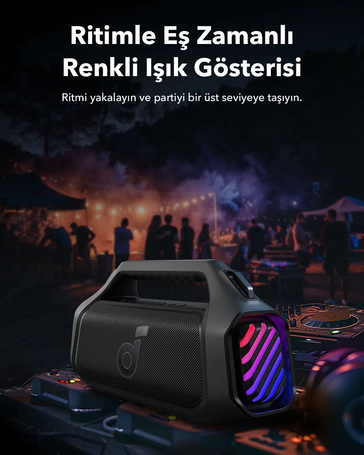 Renkli ışıklı siyah hoparlör, müzik ve ritim hakkında Türkçe metin.