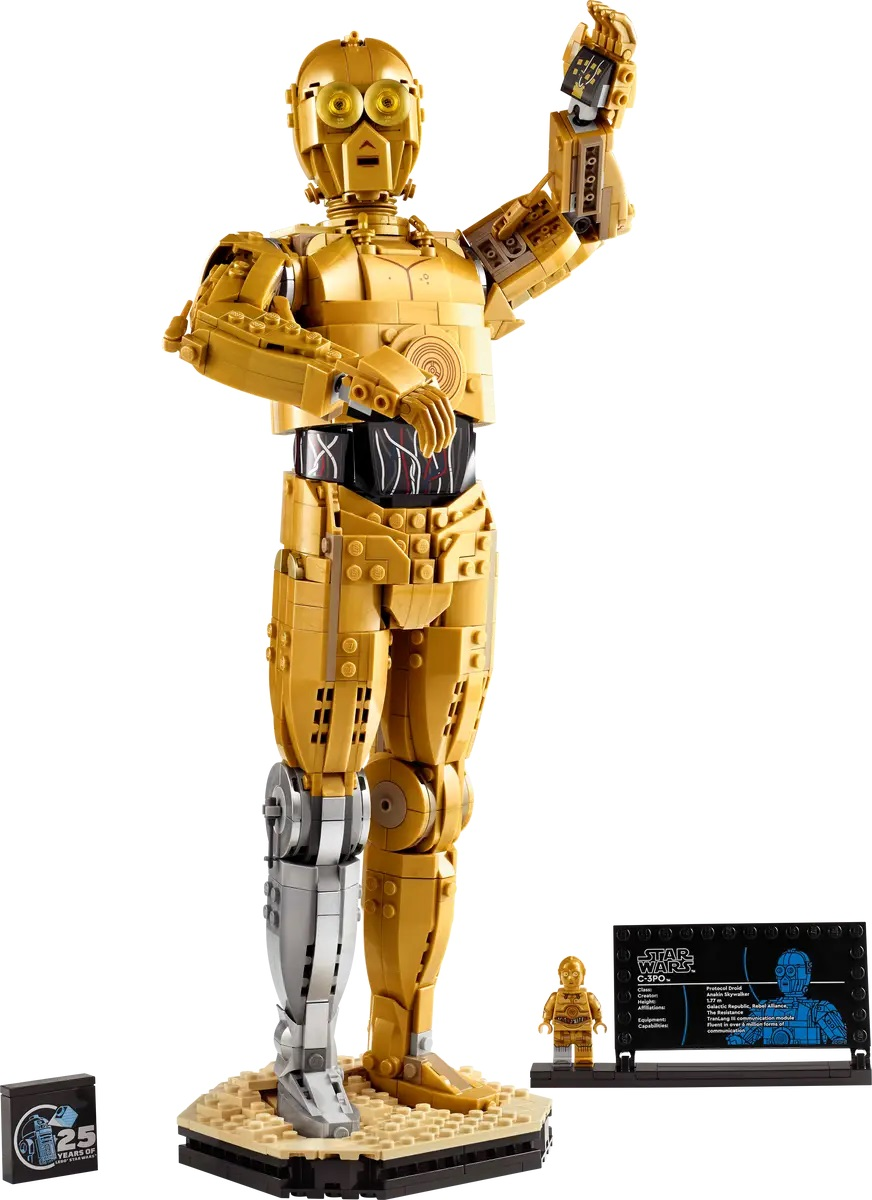 Duża figurka Lego C-3PO, złota, z małą figurką i panelem informacyjnym.