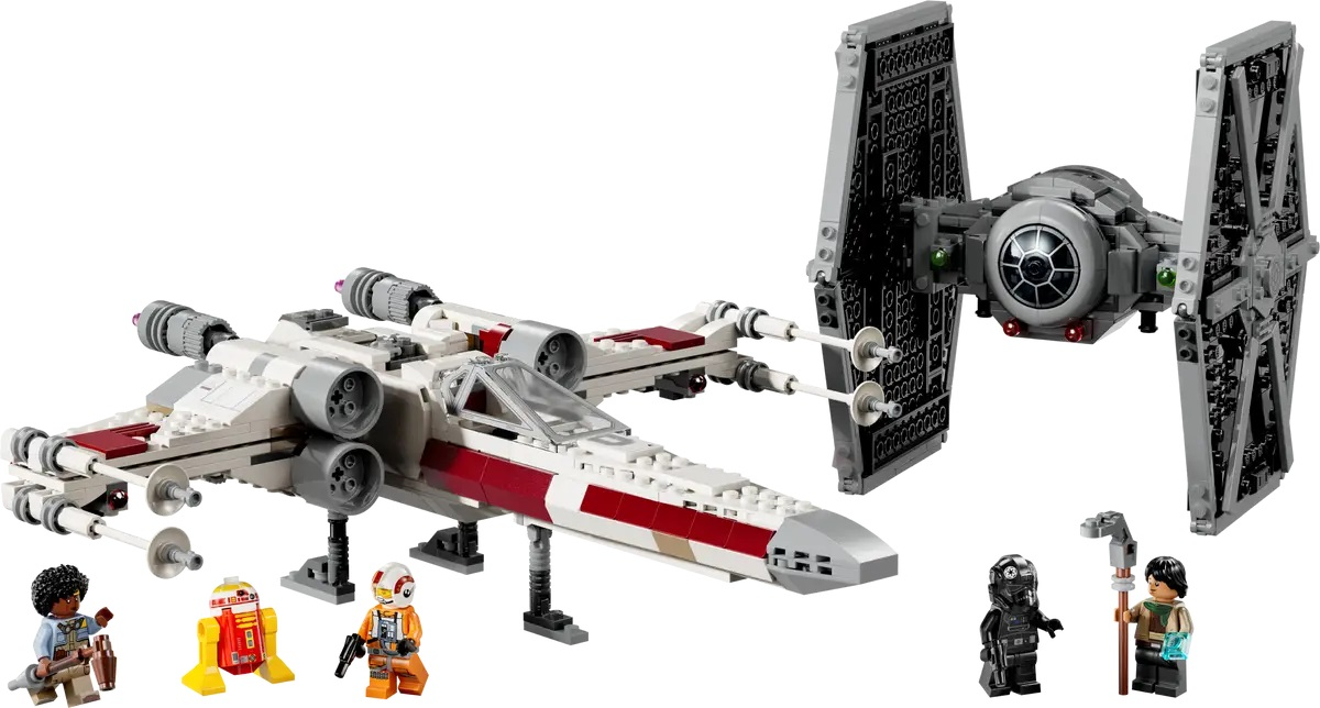 Zestaw Lego Star Wars z modelami X-wing i TIE fighter, wraz z minifigurkami postaci.