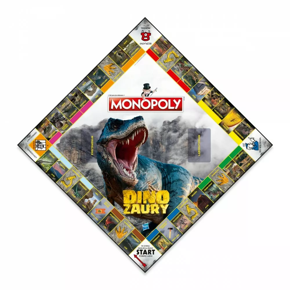 Gra planszowa Monopoly Dinozaury. Dinozaur otwiera pysk na środku planszy.