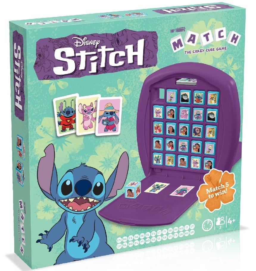 Pudełko gry Disney Stitch Match, z Stitchem, planszą do gry i kartami z postaciami Disneya.