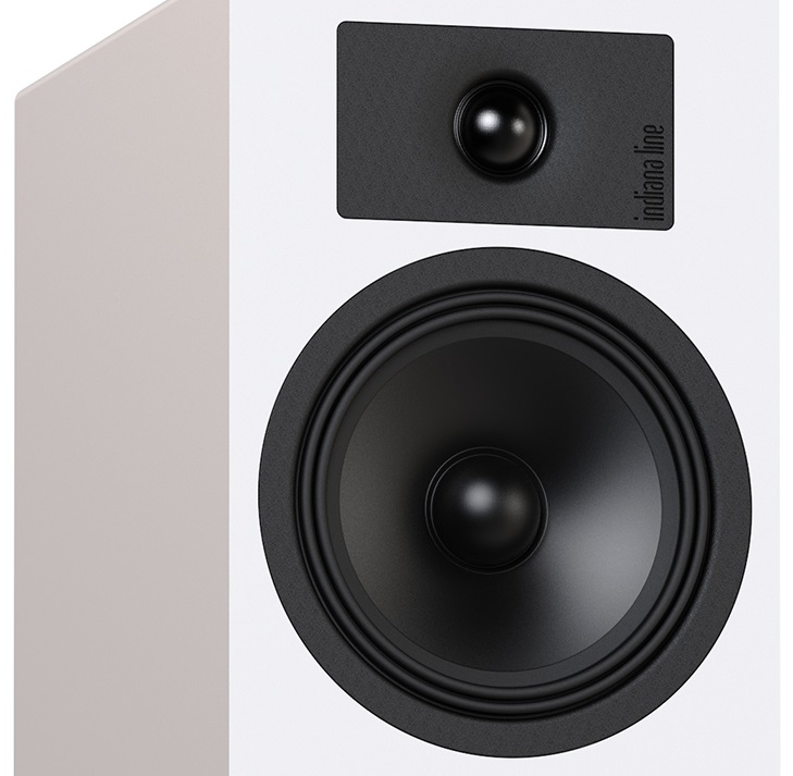 Zbliżenie białego głośnika z czarnym głośnikiem i głośnikiem wysokotonowym.