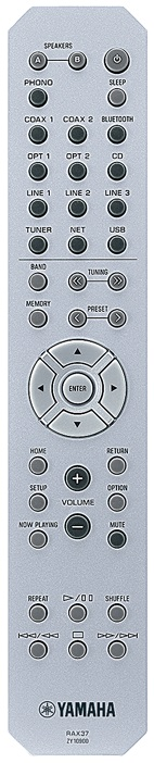 Srebrny pilot do wzmacniacza Yamaha z różnymi funkcjami przycisków.