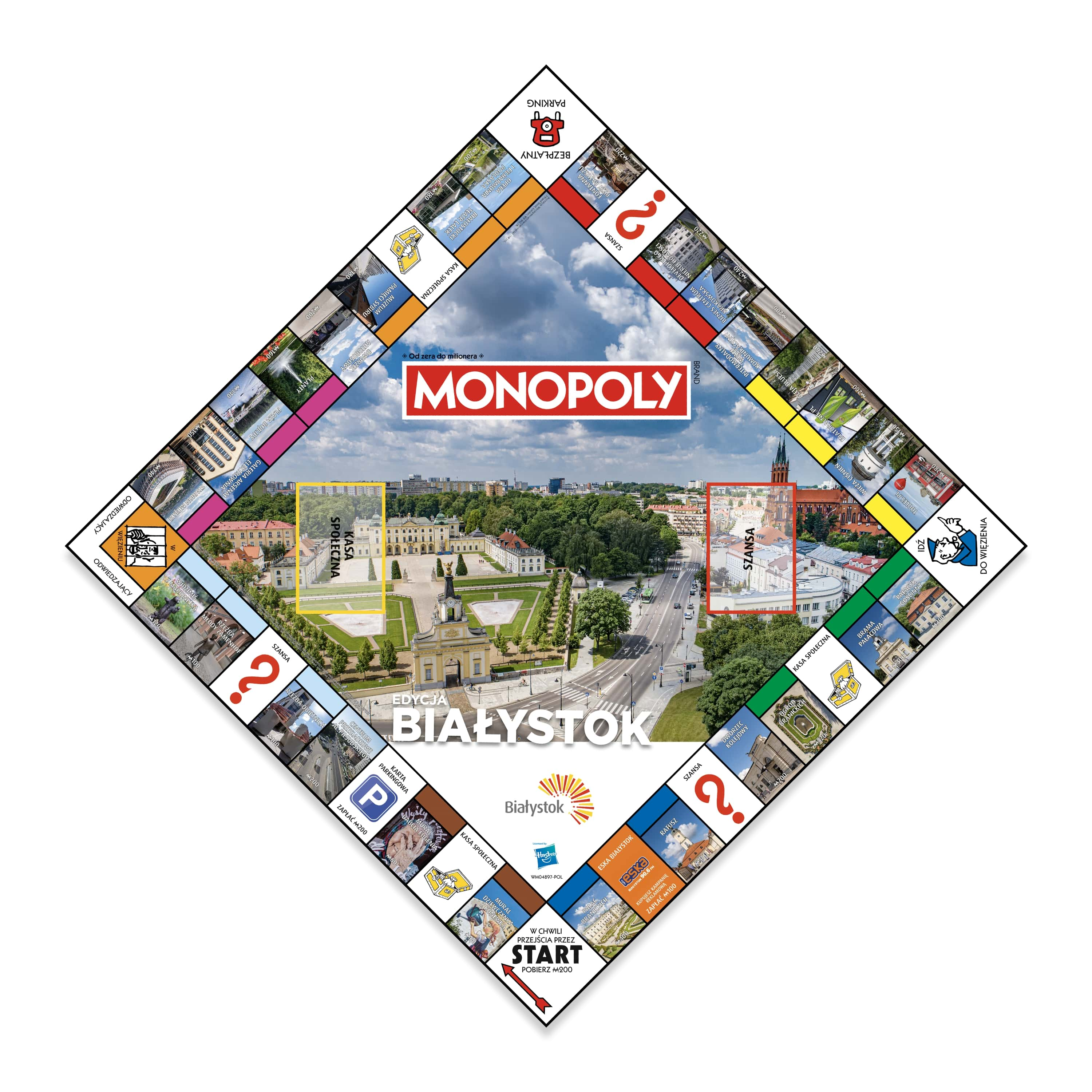 Gra planszowa Monopoly z Białymstokiem, Polska. Plansza w kształcie rombu z obrazami miasta i nazwami ulic.
