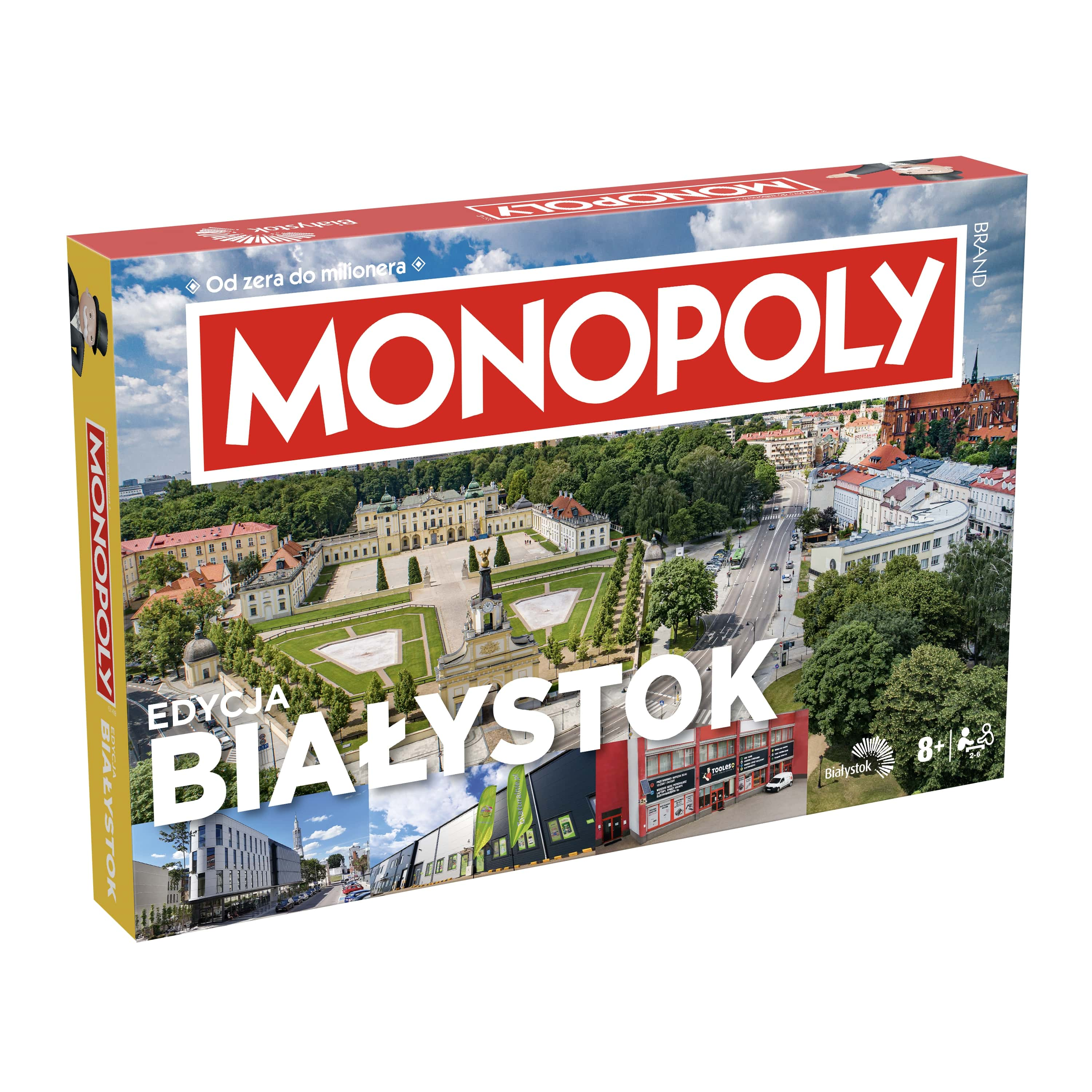 Pudełko gry planszowej Monopoly, z widokiem na miasto, tytuł 'Monopoly' w kolorze czerwonym.