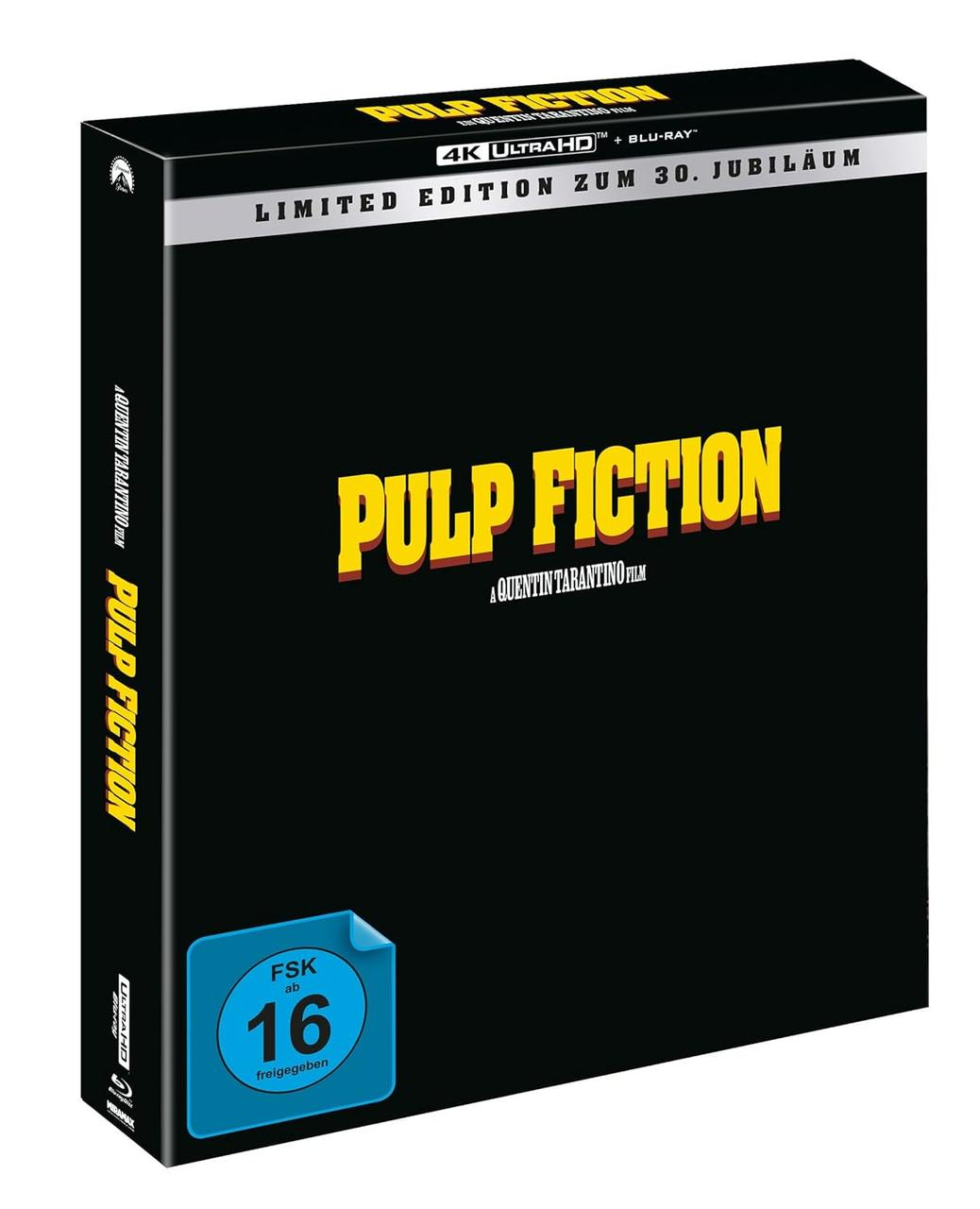 Pulp Fiction Blu-ray Box, schwarz mit gelbem Text und einem Altersfreigabe-Aufkleber.