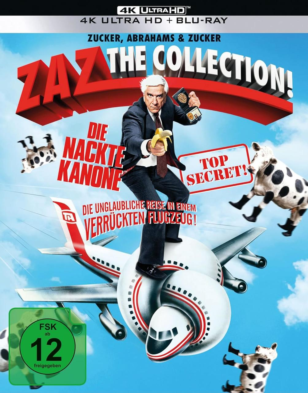 DVD-Cover für den Film 'Die nackte Kanone'. Ein Mann steht auf einem Flugzeug, mit Kühen.