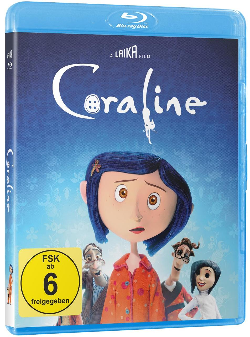 Coraline Blu-ray-Disc-Hülle mit Figuren und Logo auf blauem Hintergrund.