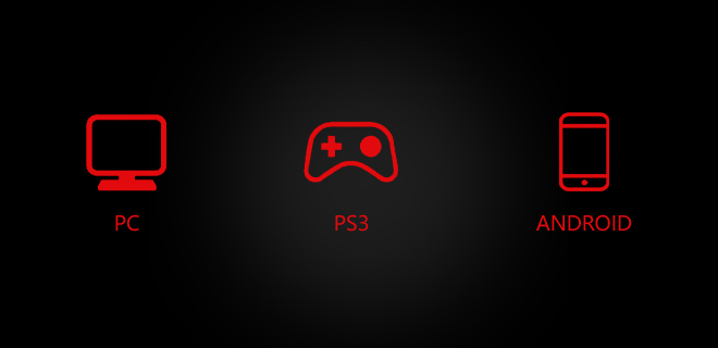 Siyah arka plan üzerinde kırmızı renkte PC, PS3 ve Android simgeleri.