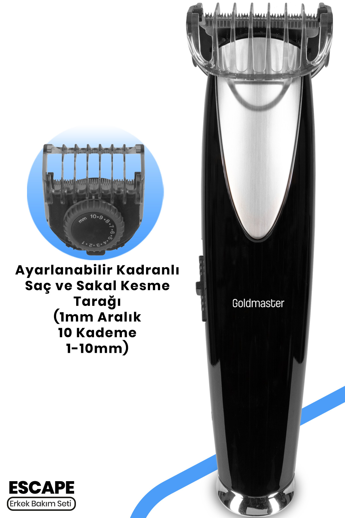 Ayarlanabilir kesme başlığına sahip siyah ve gümüş renkli sakal düzeltici.