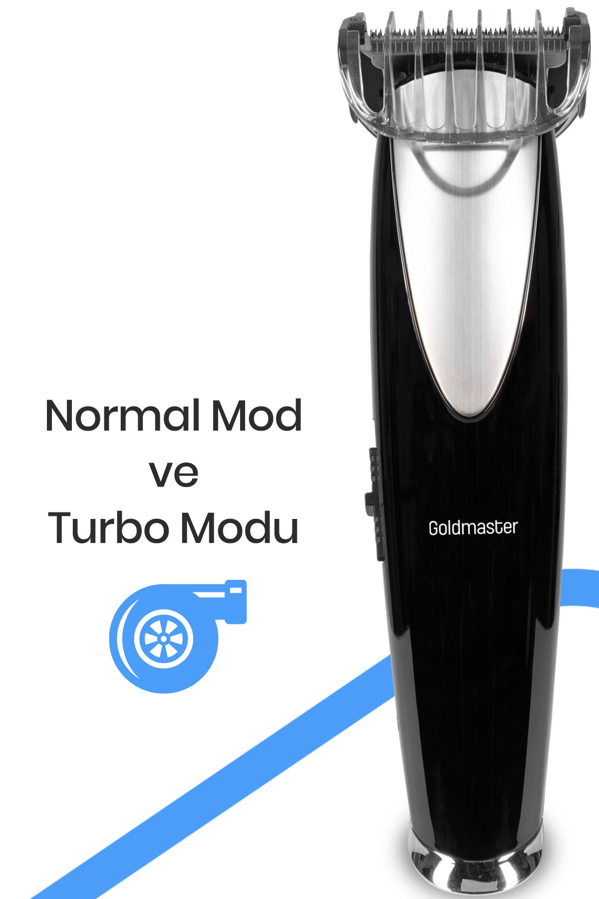 Siyah ve gümüş Goldmaster sakal kesme makinesi, normal ve turbo mod metni.