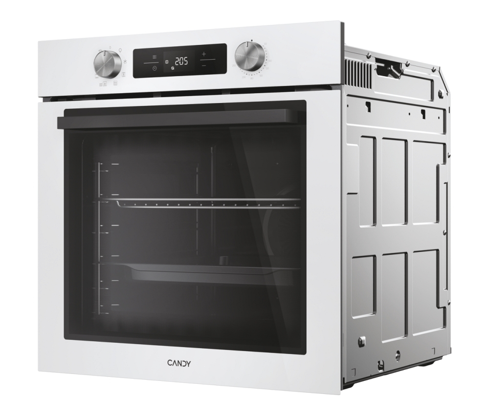 Horno Candy blanco, puerta de cristal abierta, con rejillas internas y pantalla digital.