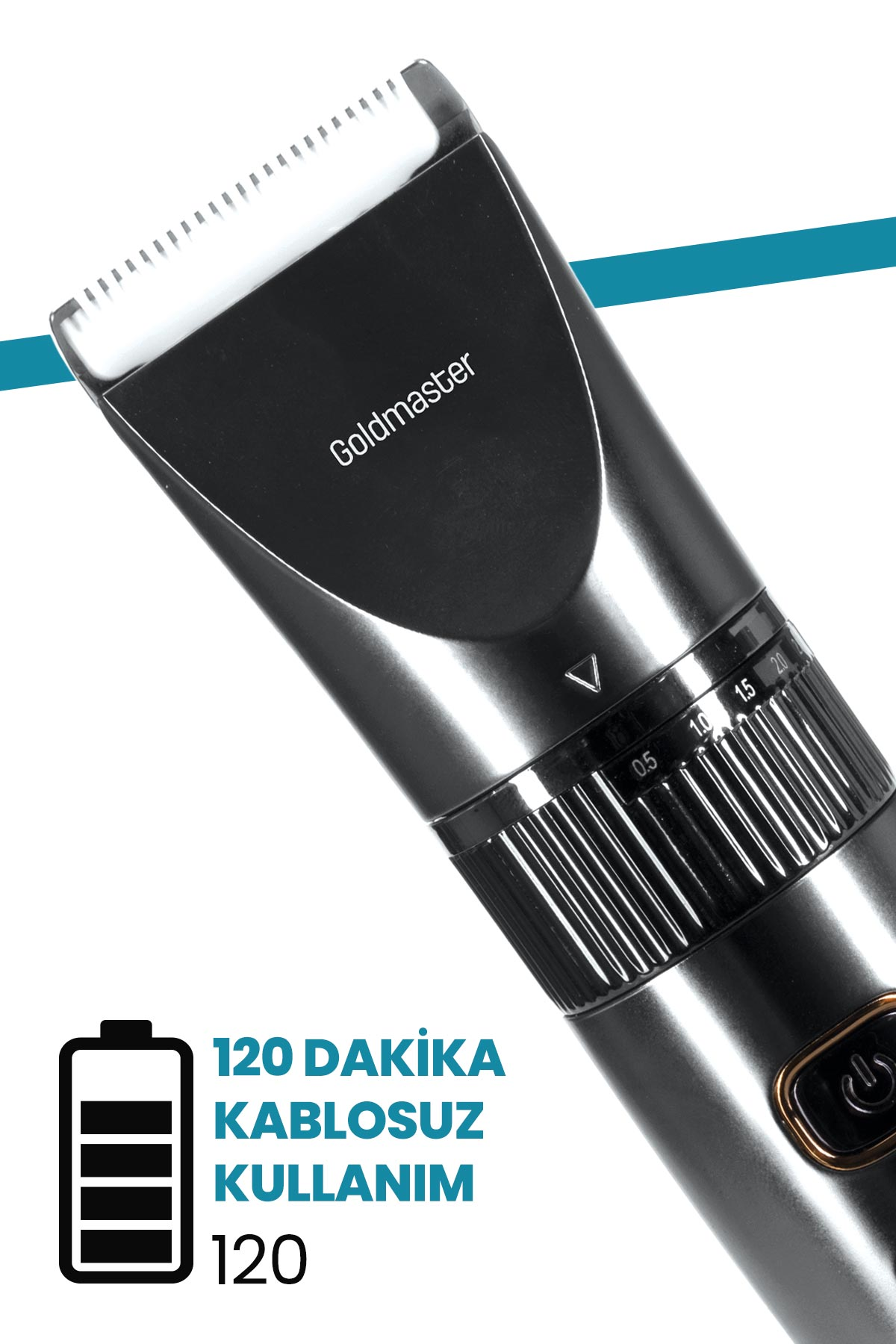 'Goldmaster' yazılı, siyah ve gümüş saç kesme makinesi. 120 dakika kablosuz kullanım gösteriyor.