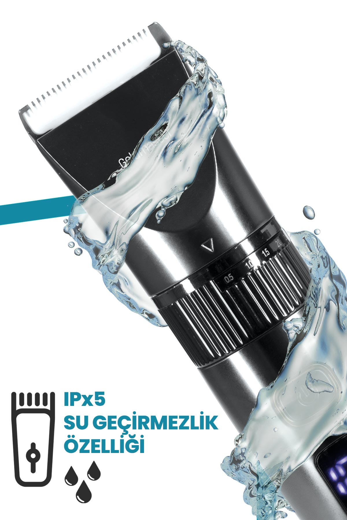 Etrafında su sıçrayan gümüş ve siyah bir saç kesme makinesi. Metin: IPX5, suya dayanıklılık.