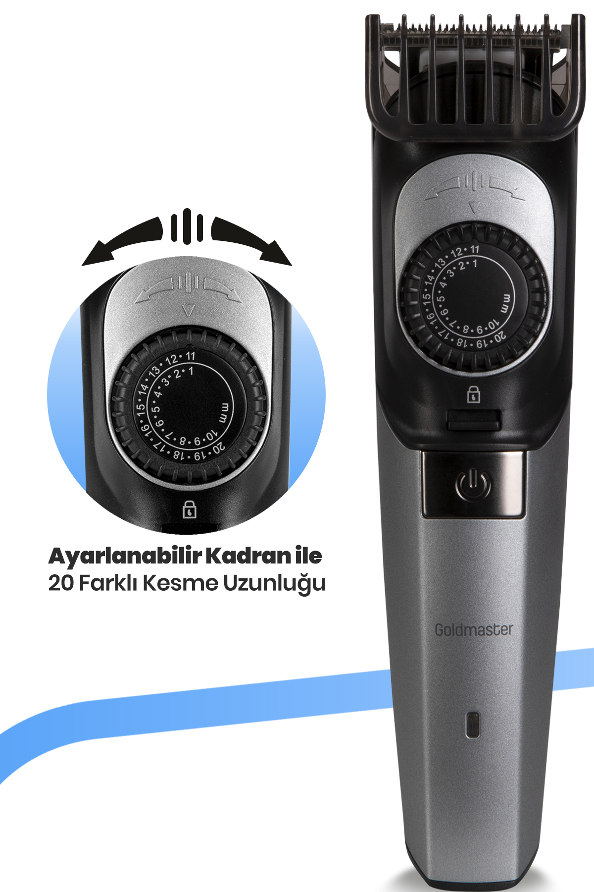 Gri ve siyah bir sakal kesme makinesi, 20 farklı kesme uzunluğunu gösteren bir kadranla.