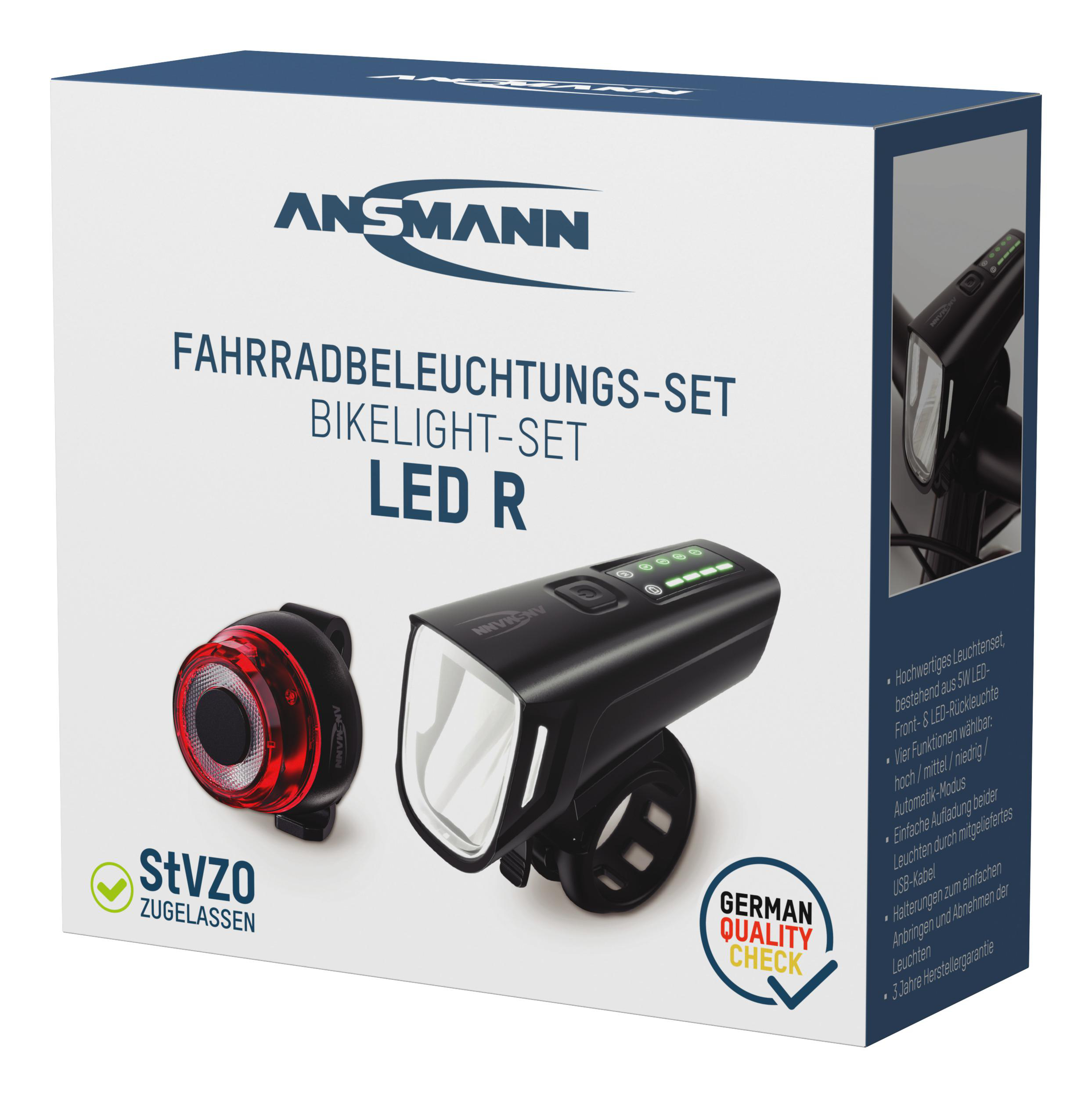Fahrradlicht-Set in einer Box mit Lichtern und deutschem Qualitätssiegel.