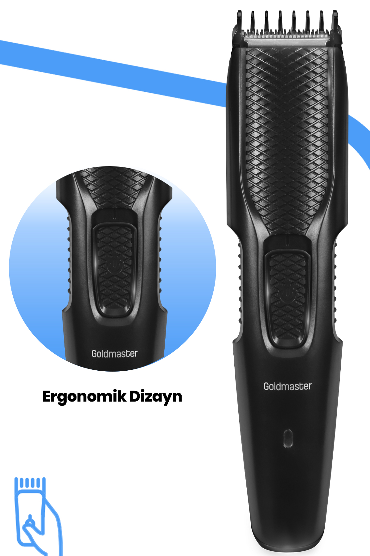 Ergonomik tasarımlı siyah sakal düzeltici. Yakın çekim, tutma yerinin detaylarını gösteriyor.