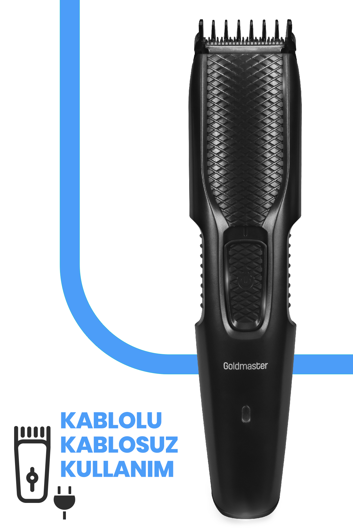 Mavi bir tasarım ve 'KABLOLU KABLOSUZ KULLANIM' metni ile siyah saç kesme makinesi.