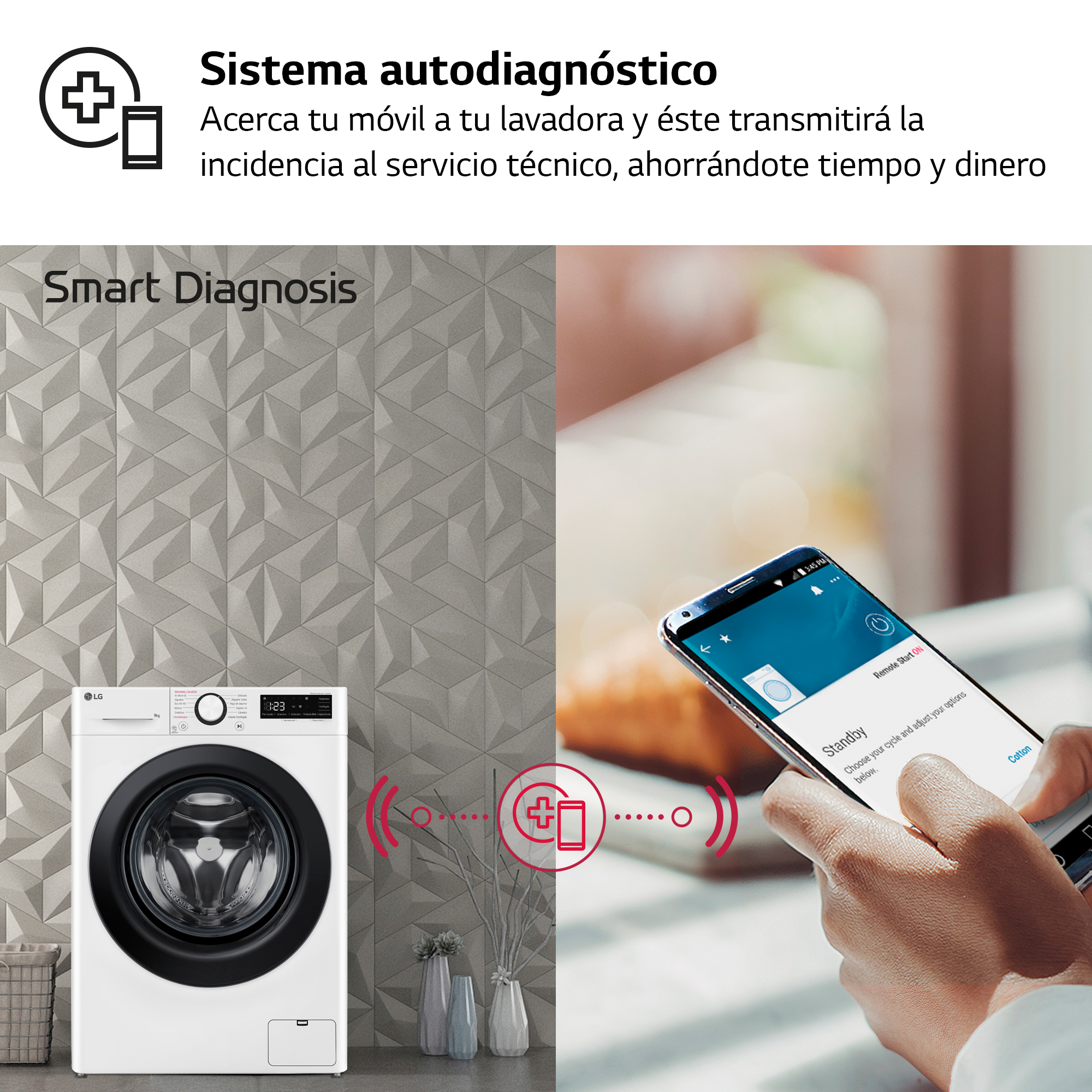 Una lavadora con pantalla y un teléfono inteligente con una aplicación de lavadora.