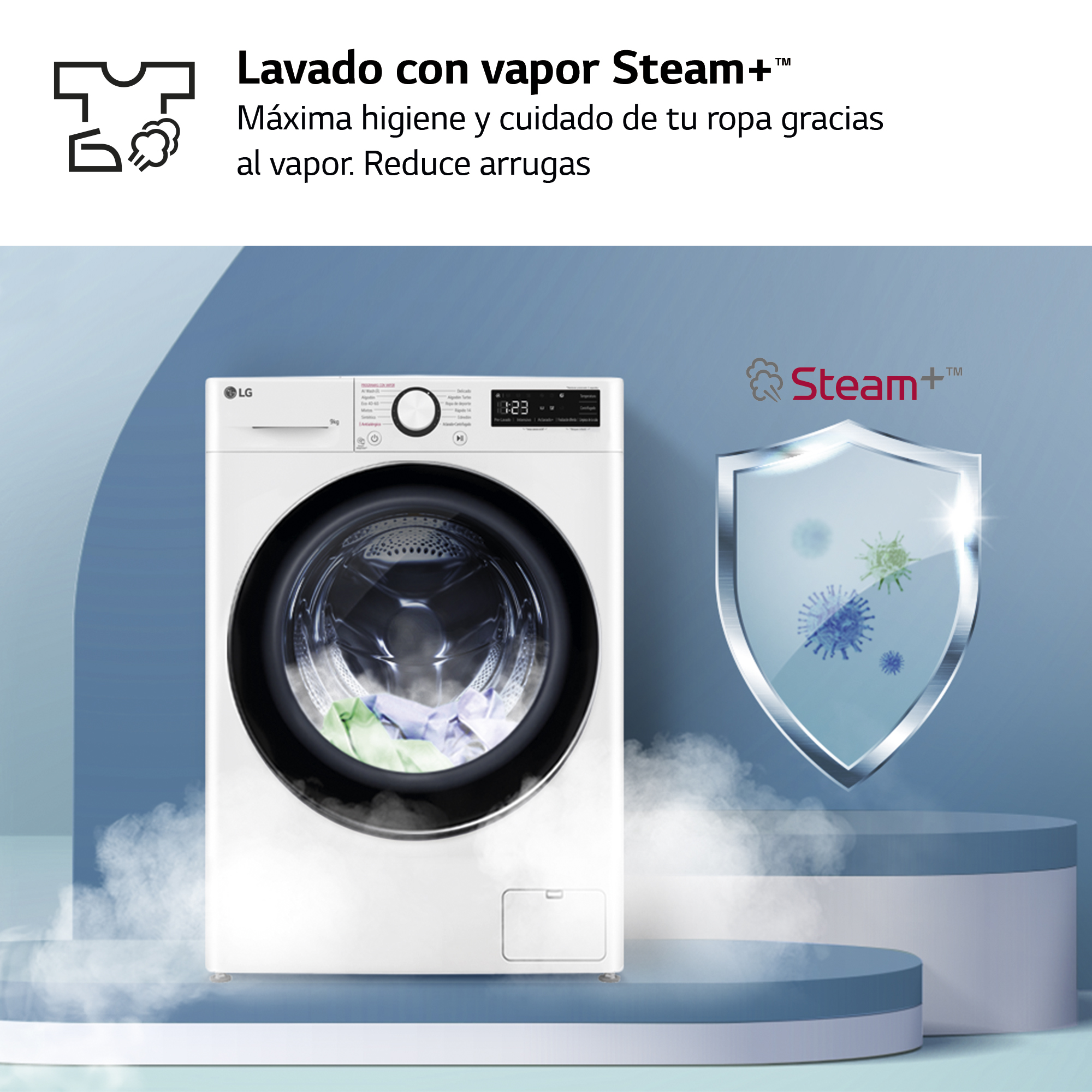 Lavadora blanca con vapor y un icono steam+. Texto: Lavado con vapor Steam+.