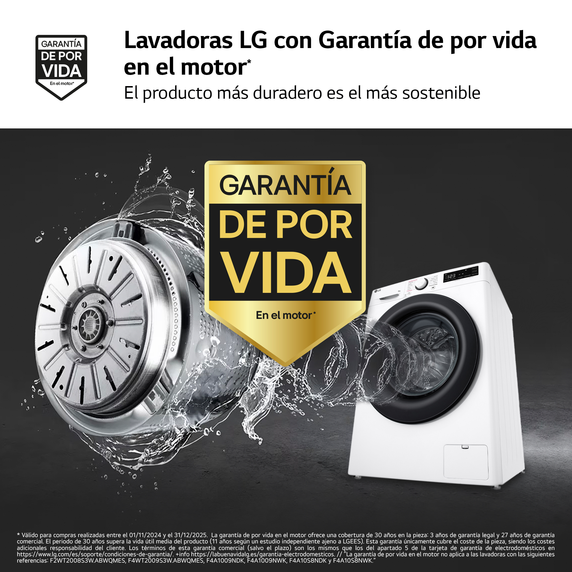 Lavadora LG con texto: Garantía de por vida en el motor.