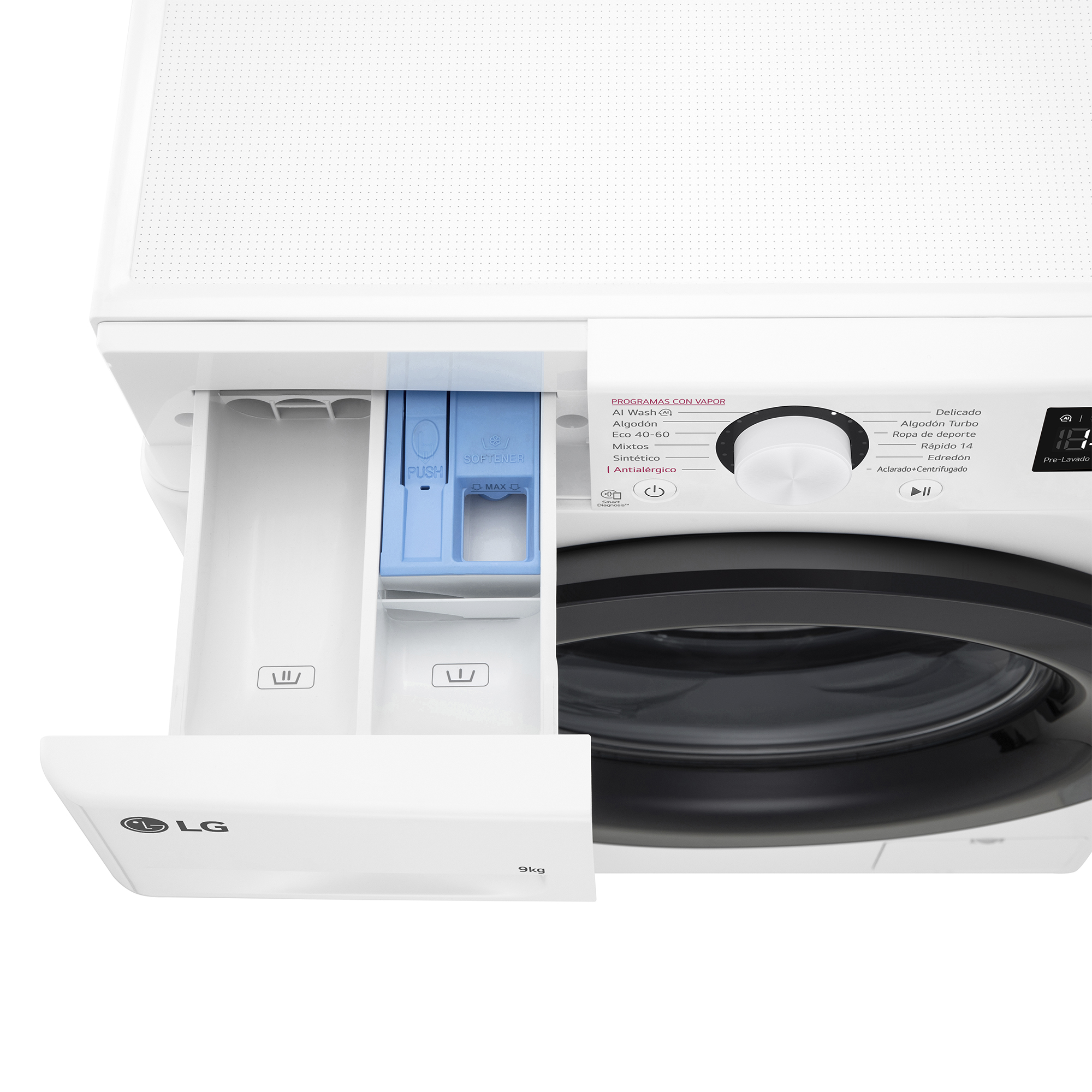 Lavadora LG blanca con cajón de detergente abierto, compartimento azul y panel de control.