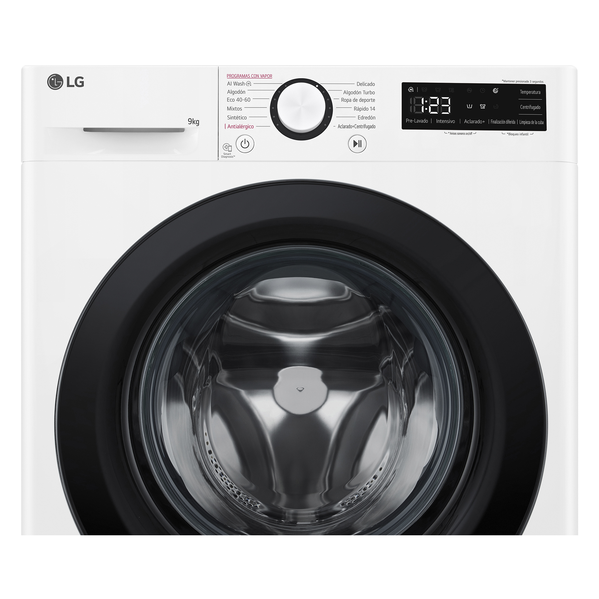Una lavadora LG blanca con borde negro, panel de control y puerta de vidrio.