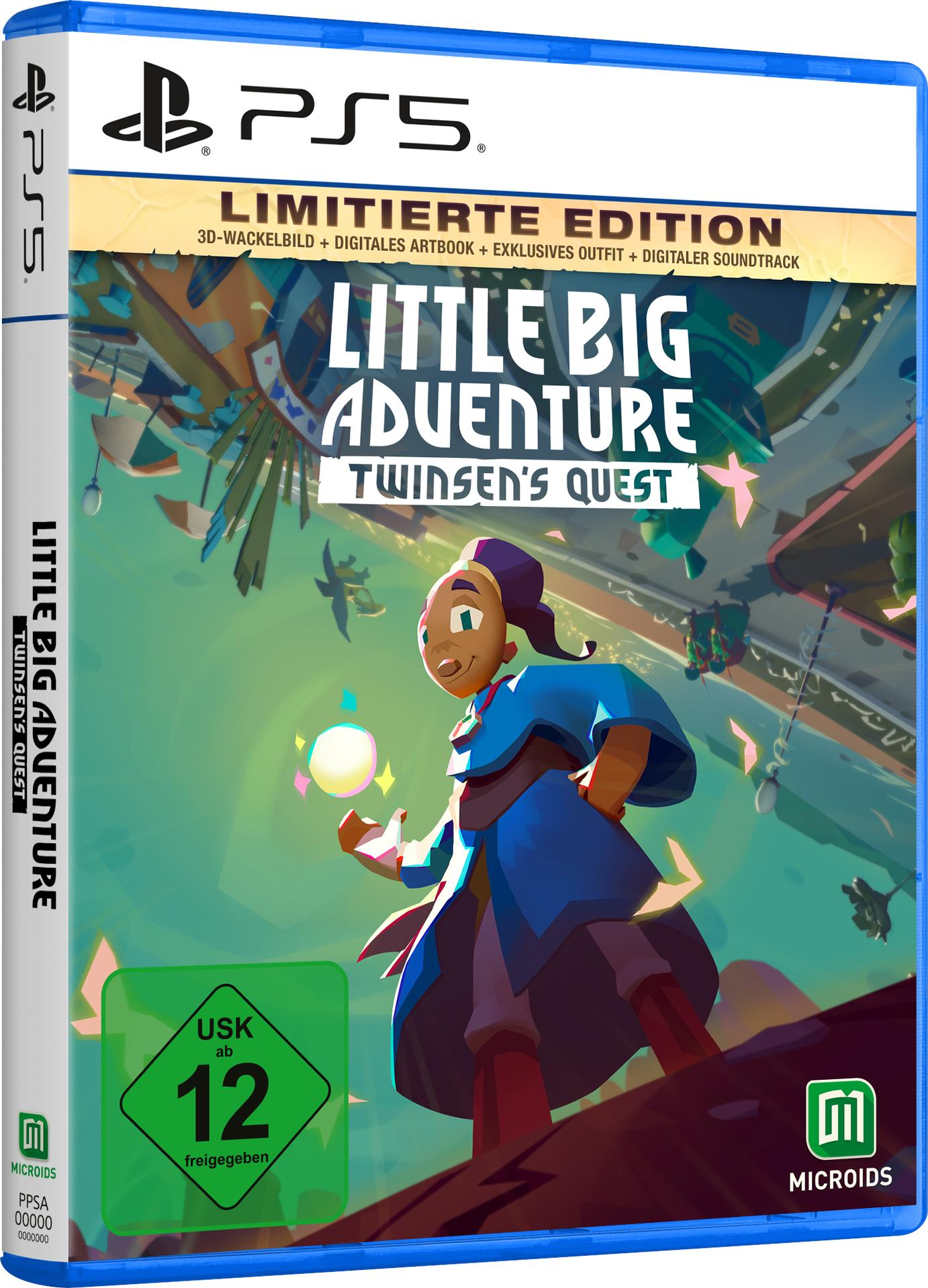 Spielbox von Little Big Adventure: Twinsen's Quest, mit einer Cartoonfigur auf dem Cover, und einem PS5-Logo.