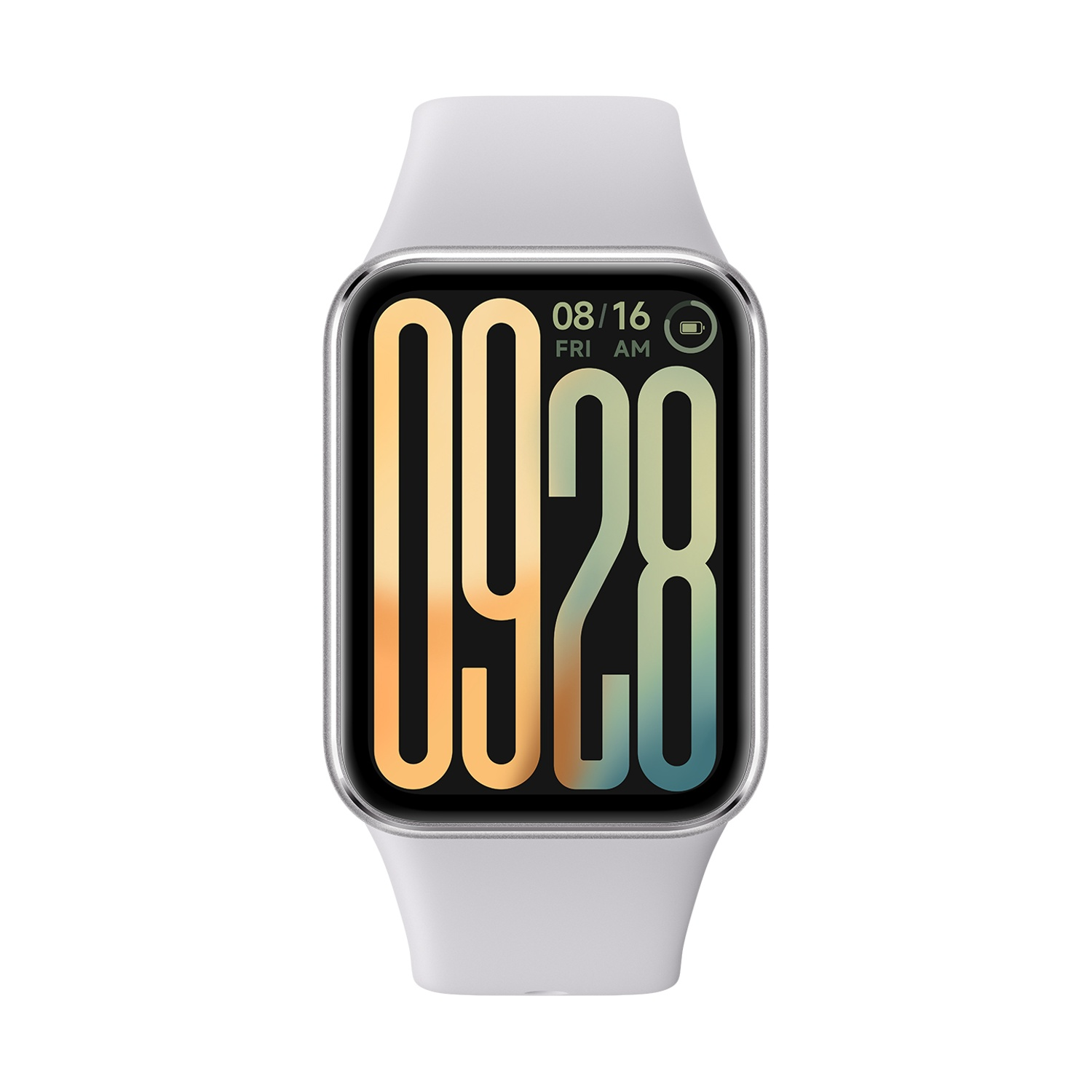 Smartwatch con cinturino bianco, che mostra l'ora 09:28 e la data 08/16 sullo schermo.