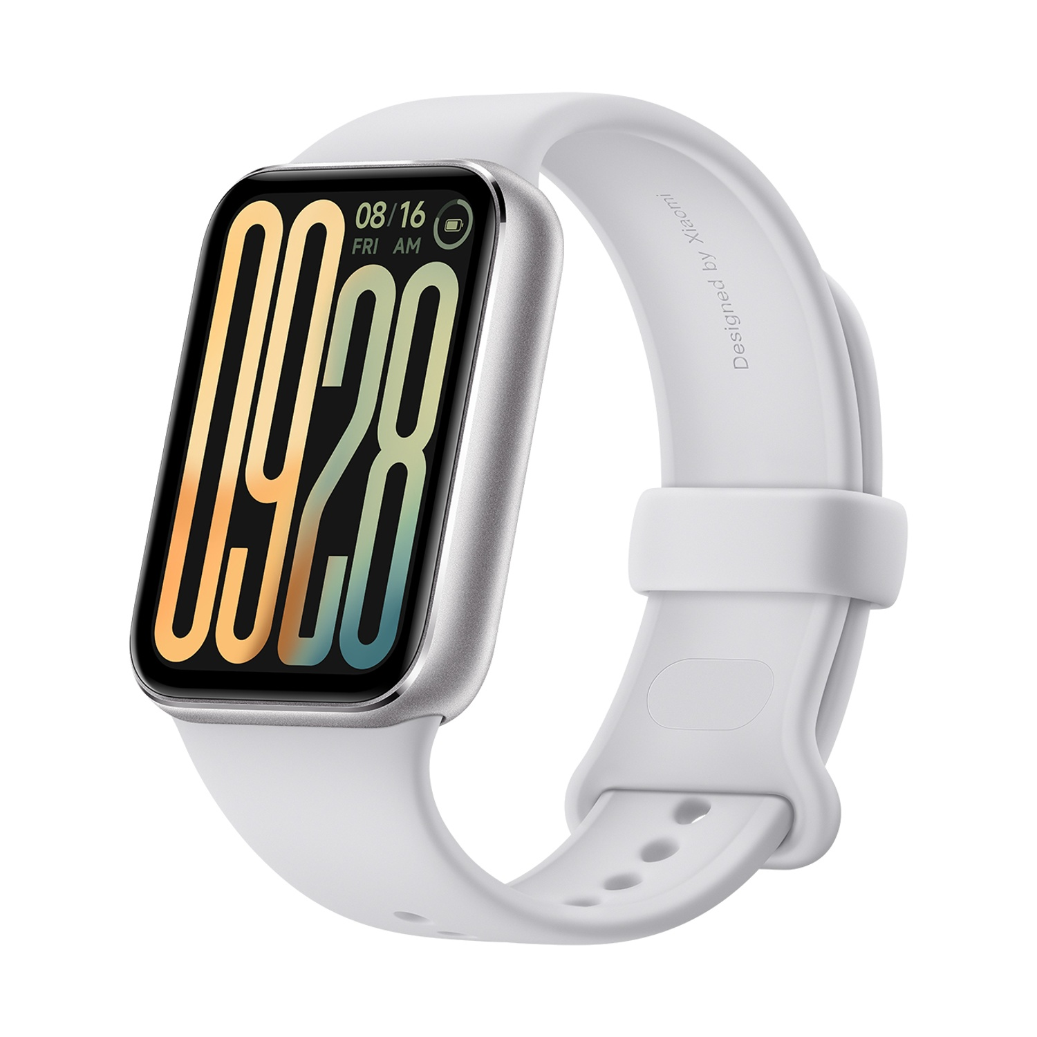 Smartwatch bianco con schermo rettangolare che mostra data e ora, cinturino bianco.