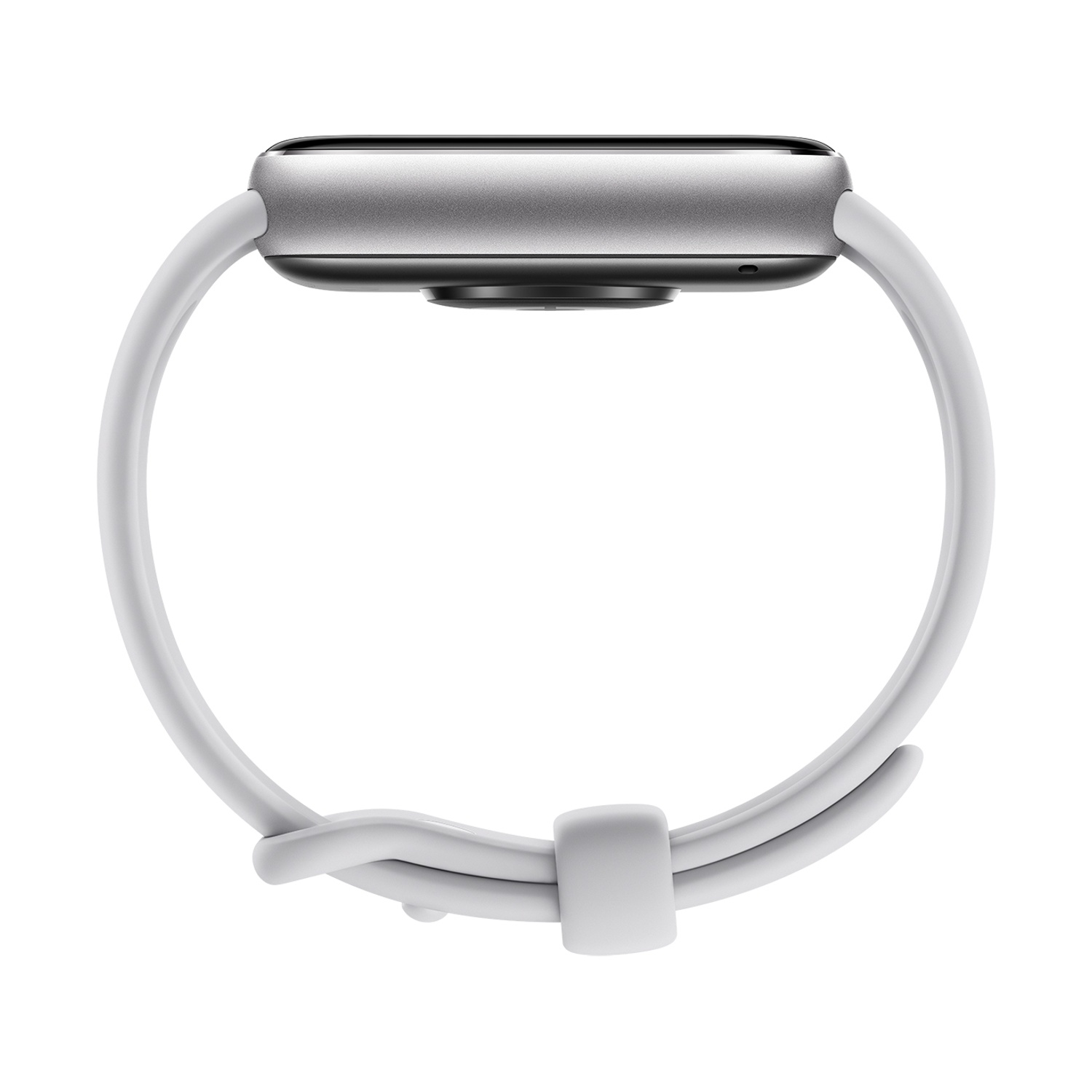 Uno smartwatch bianco con cinturino bianco. L'orologio ha una cassa argentata.