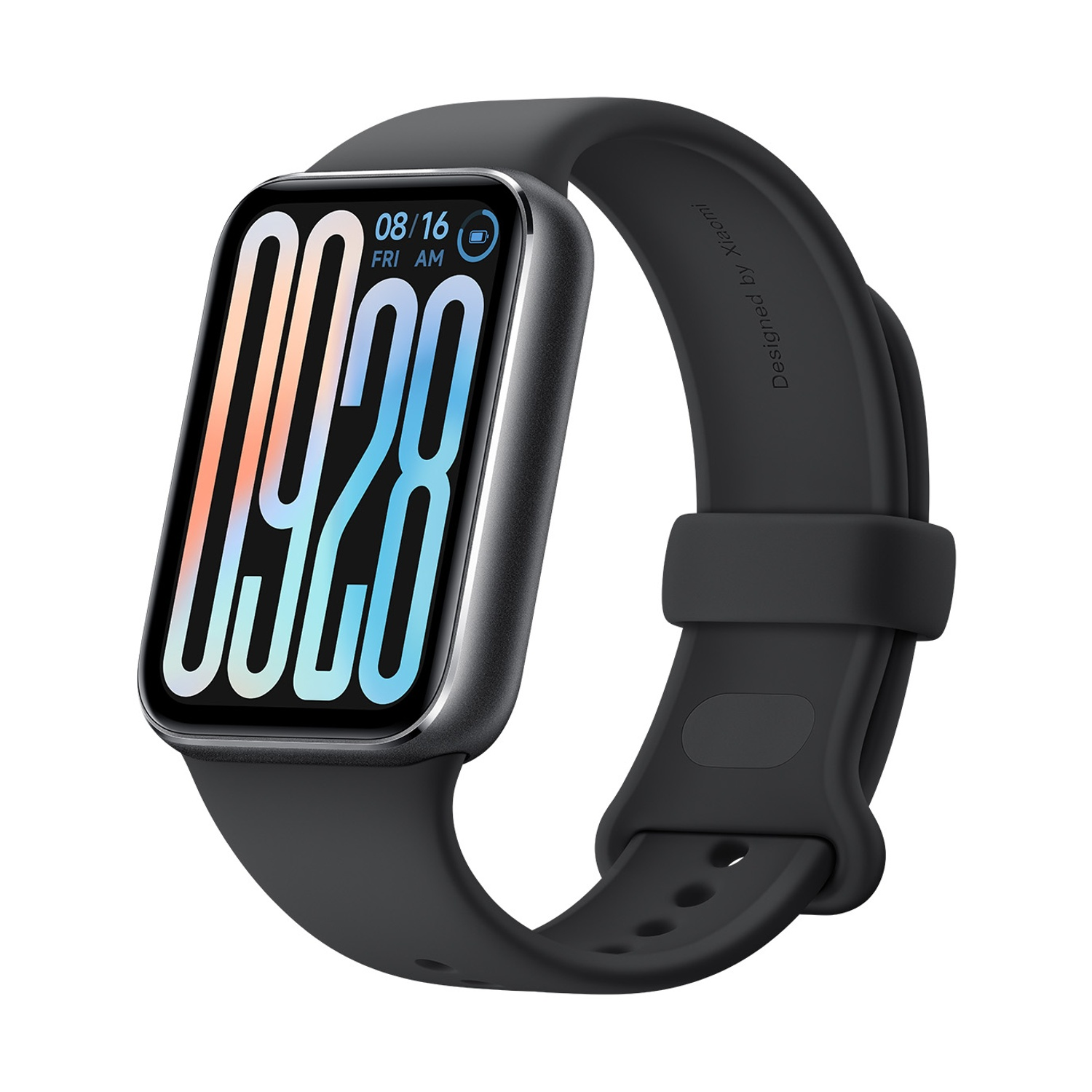 Uno smartwatch nero con display rettangolare e cinturino nero.