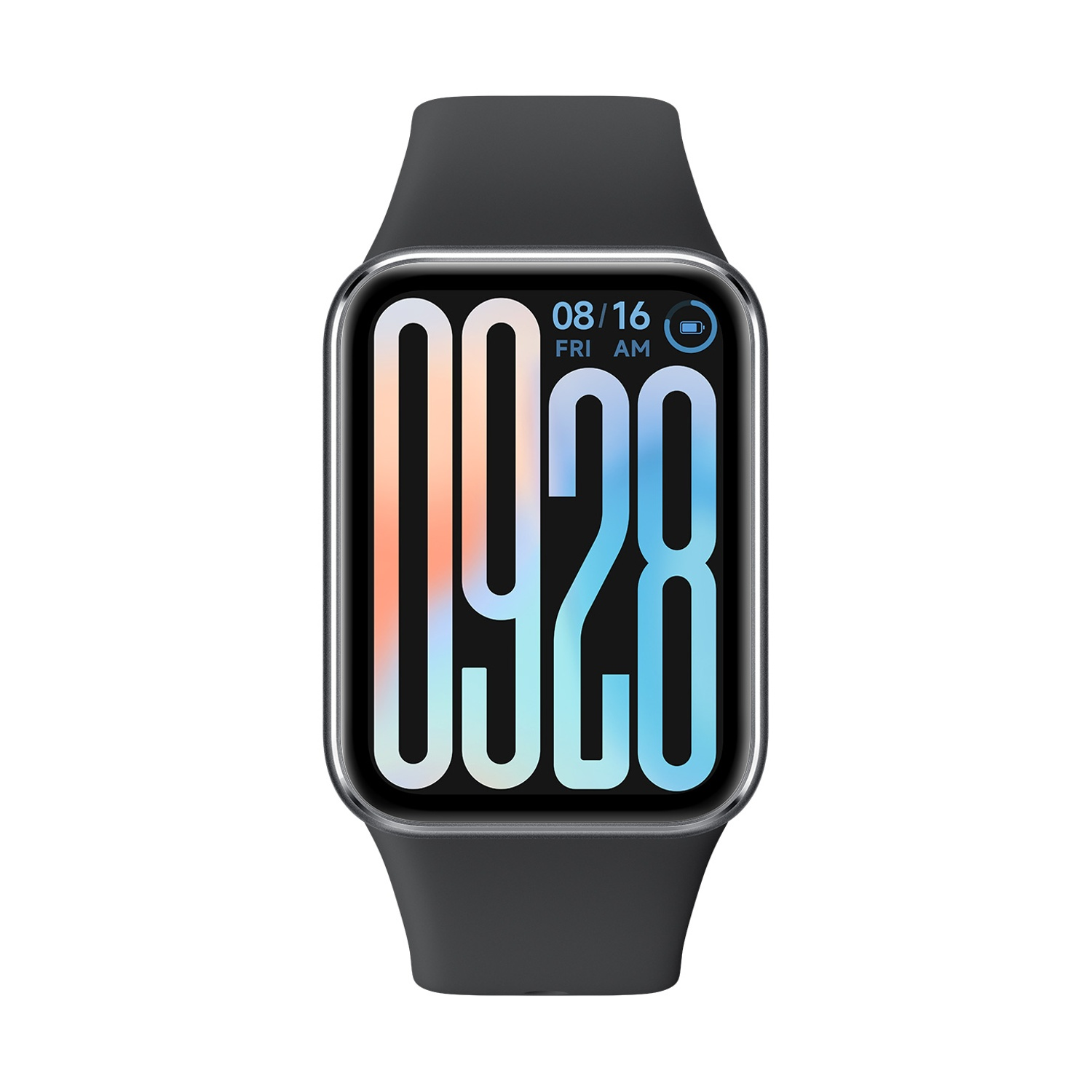 Uno smartwatch nero con un display digitale che mostra l'ora e la data.