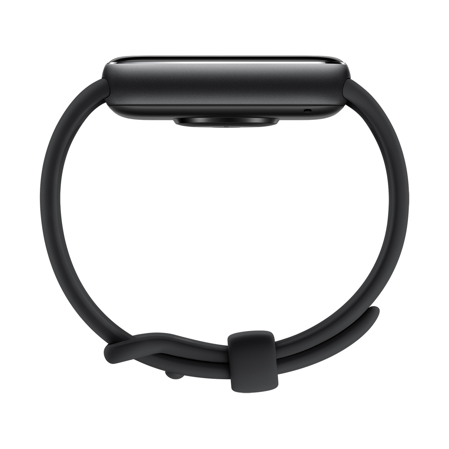Smartwatch nero con cinturino nero, vista laterale.