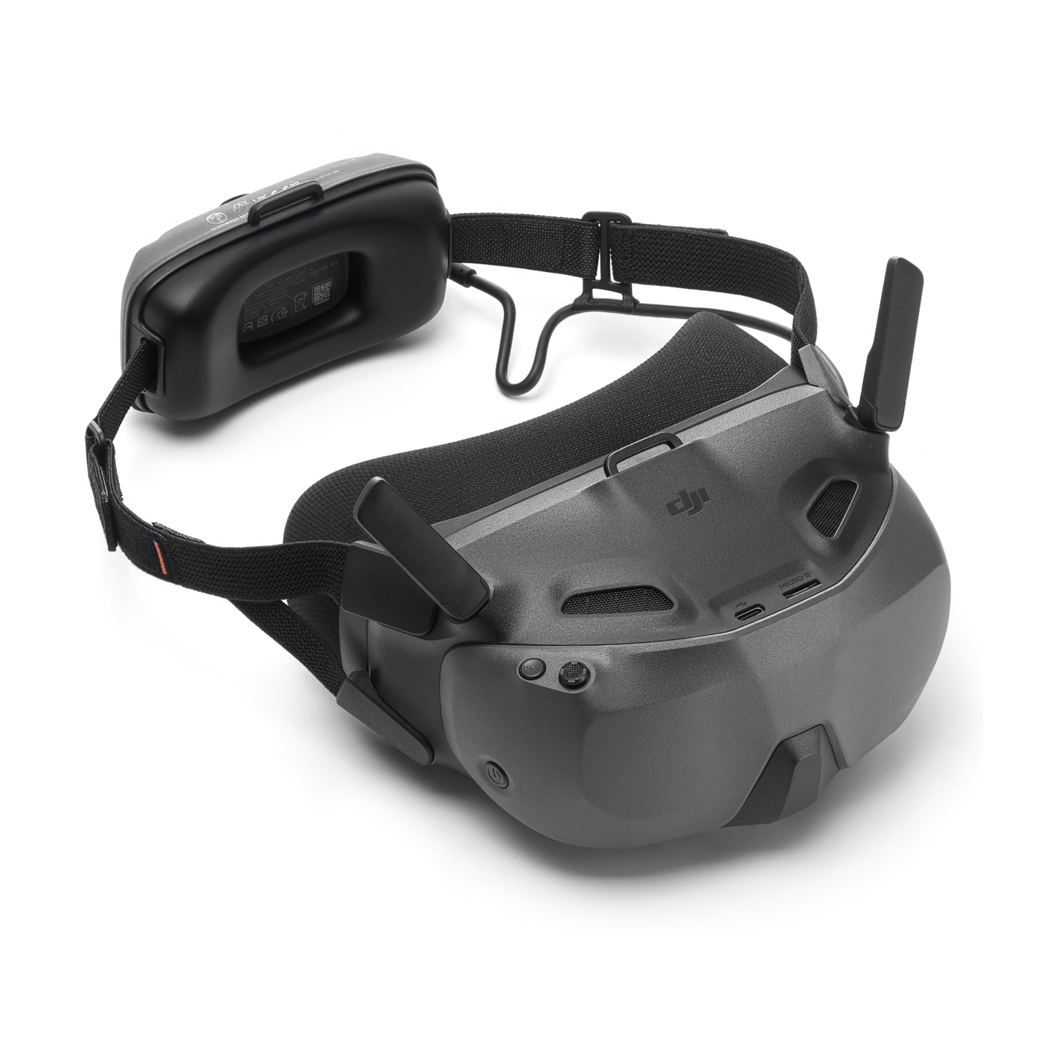 Visore DJI FPV, nero e grigio, con antenne e fascia per la testa, isolato su sfondo bianco.
