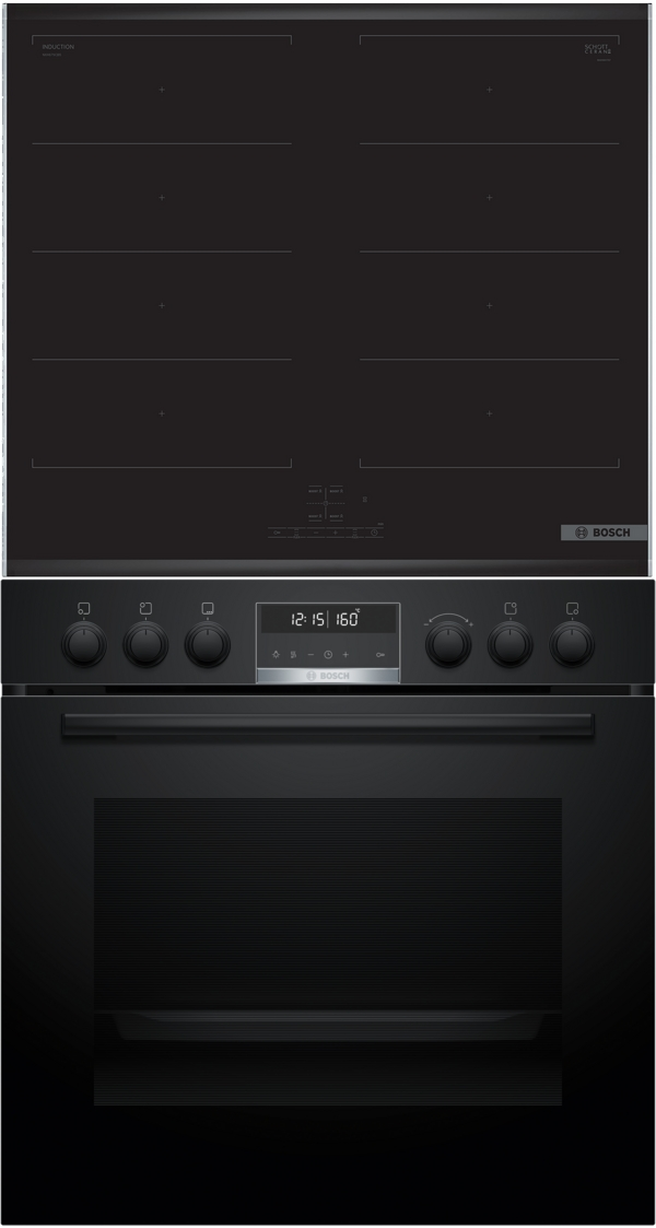 Schwarzes Bosch Induktionskochfeld und Ofen-Set, mit Digitalanzeige und Knöpfen.