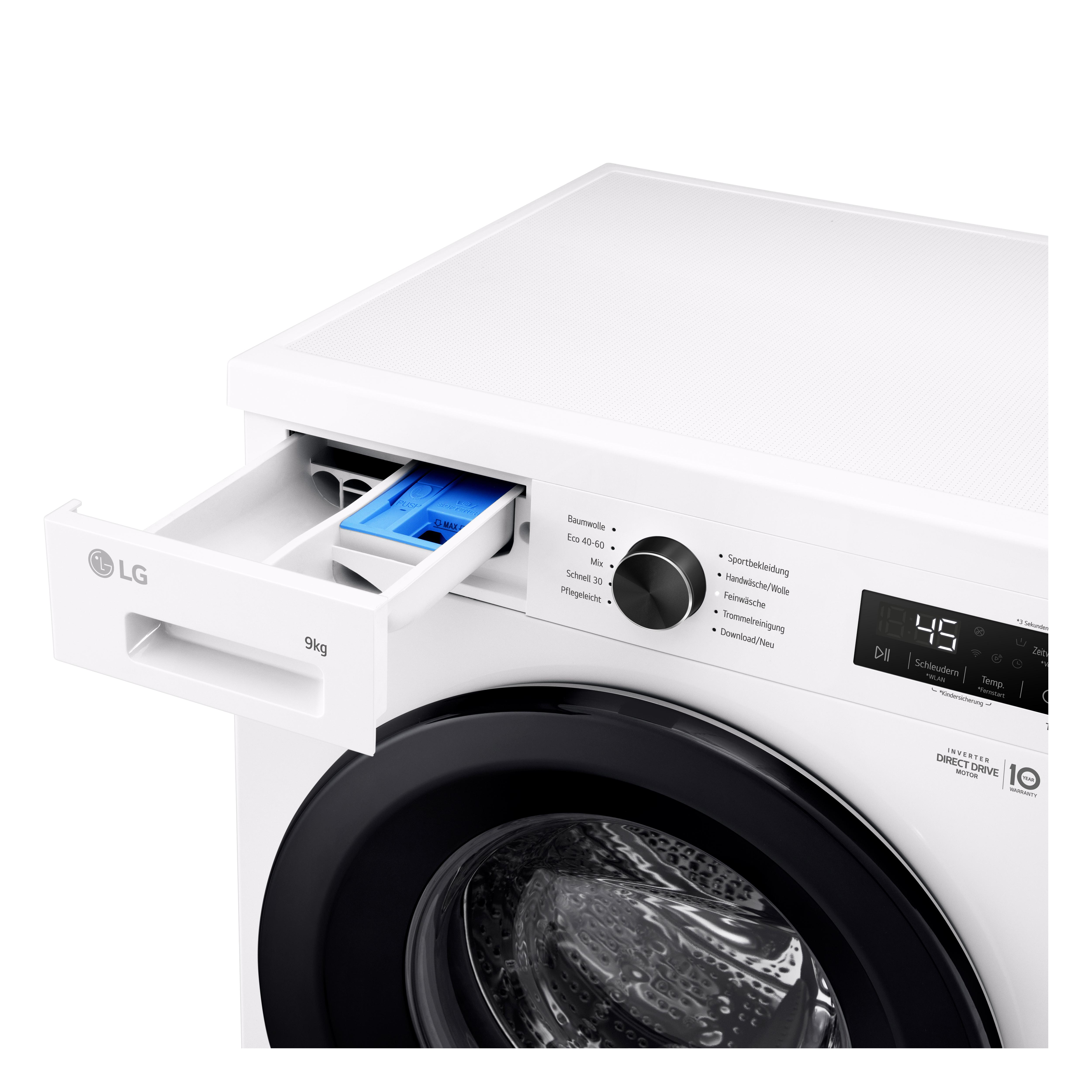 Eine weiße Waschmaschine mit geöffneter Waschmittelschublade.