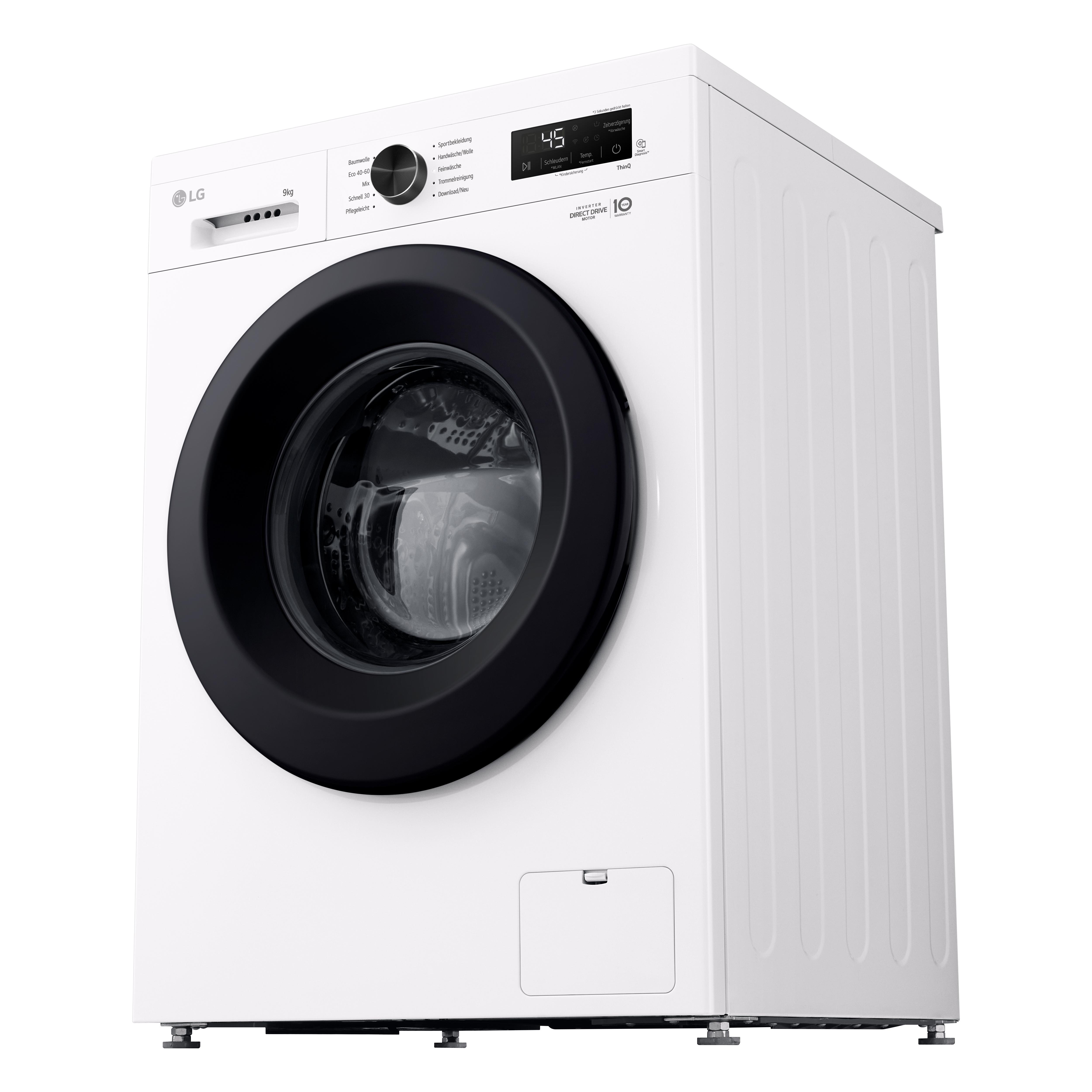 Eine weiße Waschmaschine mit schwarzer Tür.
