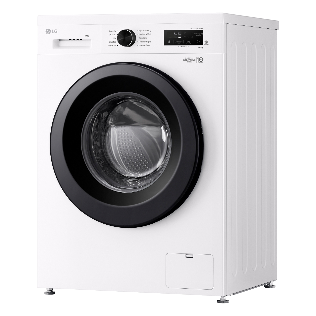 Weiße LG Waschmaschine mit schwarzer Tür, Bedienfeld und digitaler Anzeige. Die Tür ist geschlossen.