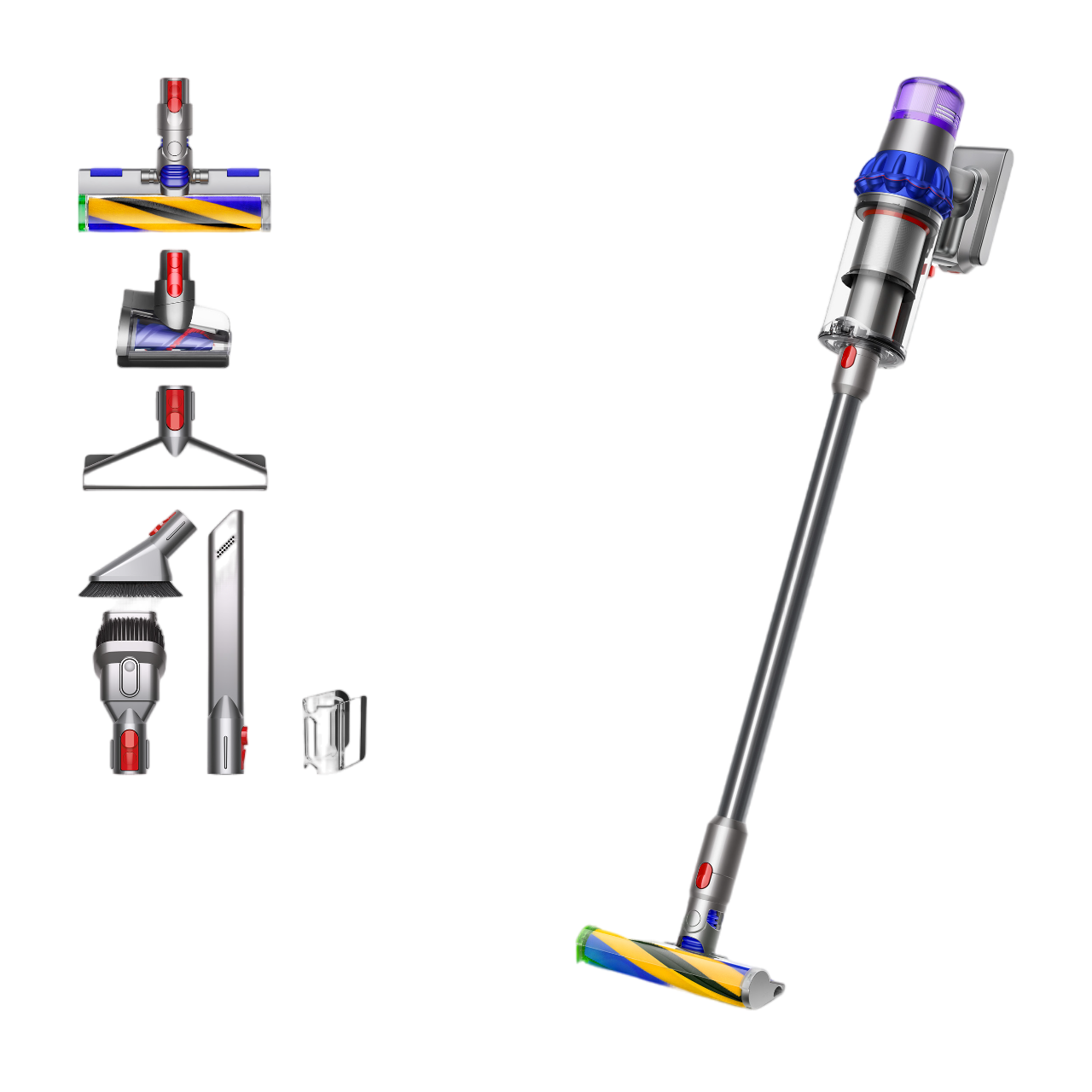 Dyson Akku-Staubsauger mit verschiedenen Aufsätzen. Er ist silber, blau und rot.