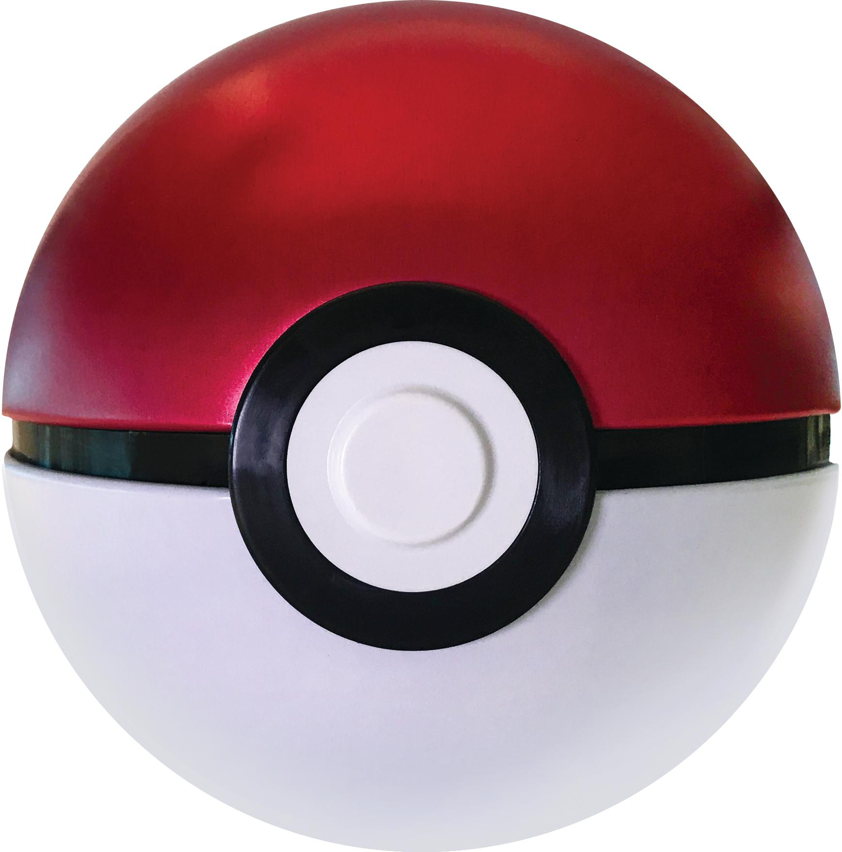 Ein rotes und weißes Pokeball-Spielzeug mit einem schwarzen Streifen und einem weißen Knopf.