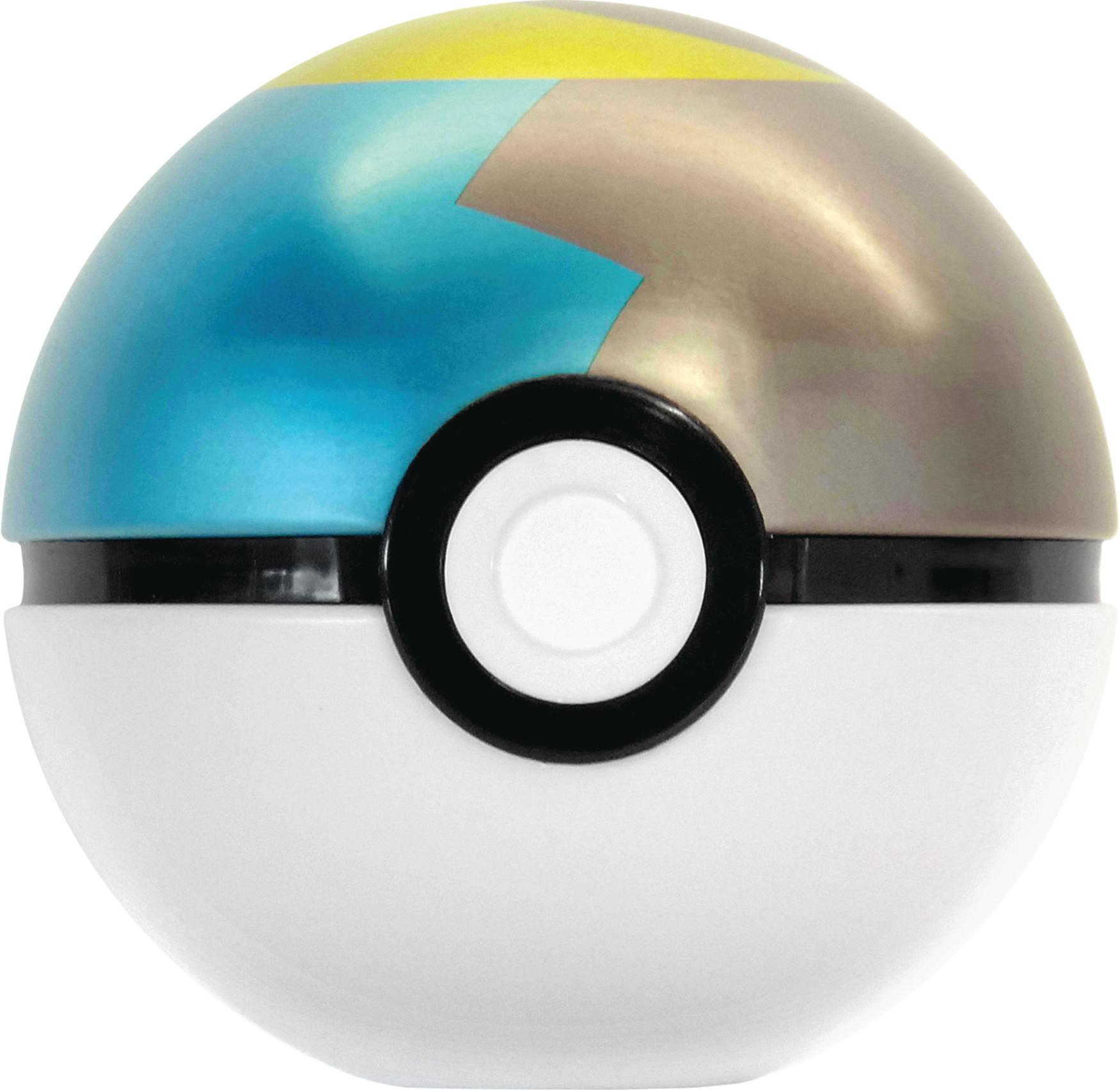Ein farbenfrohes Pokéball-Spielzeug mit blauen, gelben, braunen und weißen Farbblöcken.
