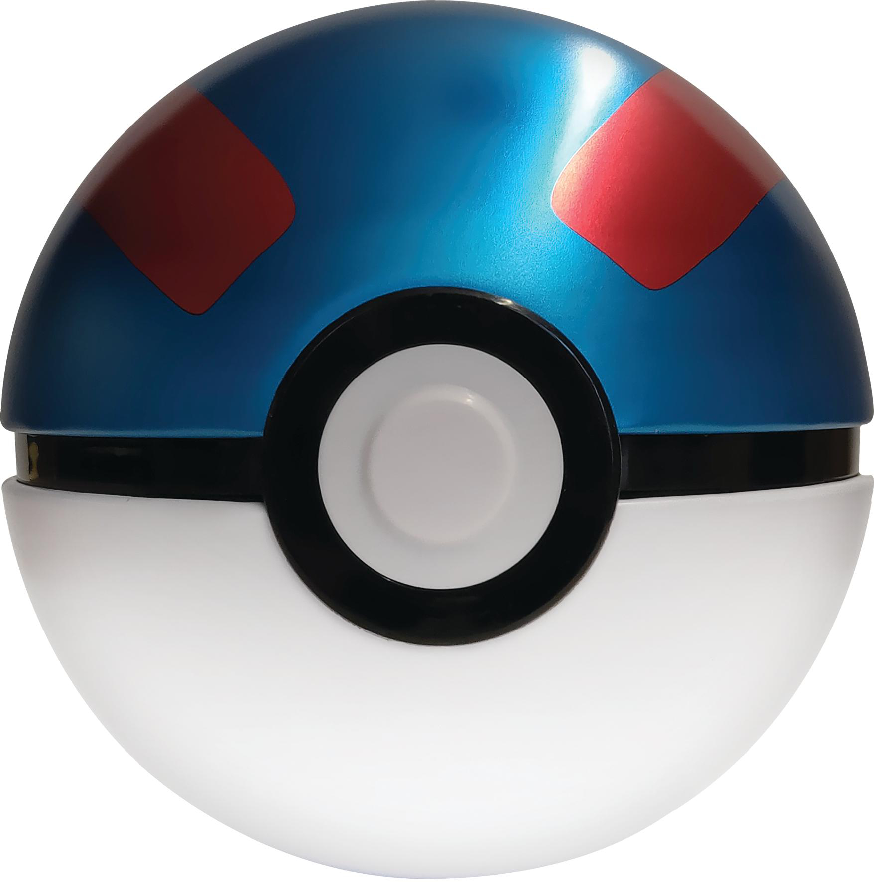 Pokeball-Spielzeug, blau und weiß mit roten Akzenten, schwarzem Band und grauem Mittelknopf.