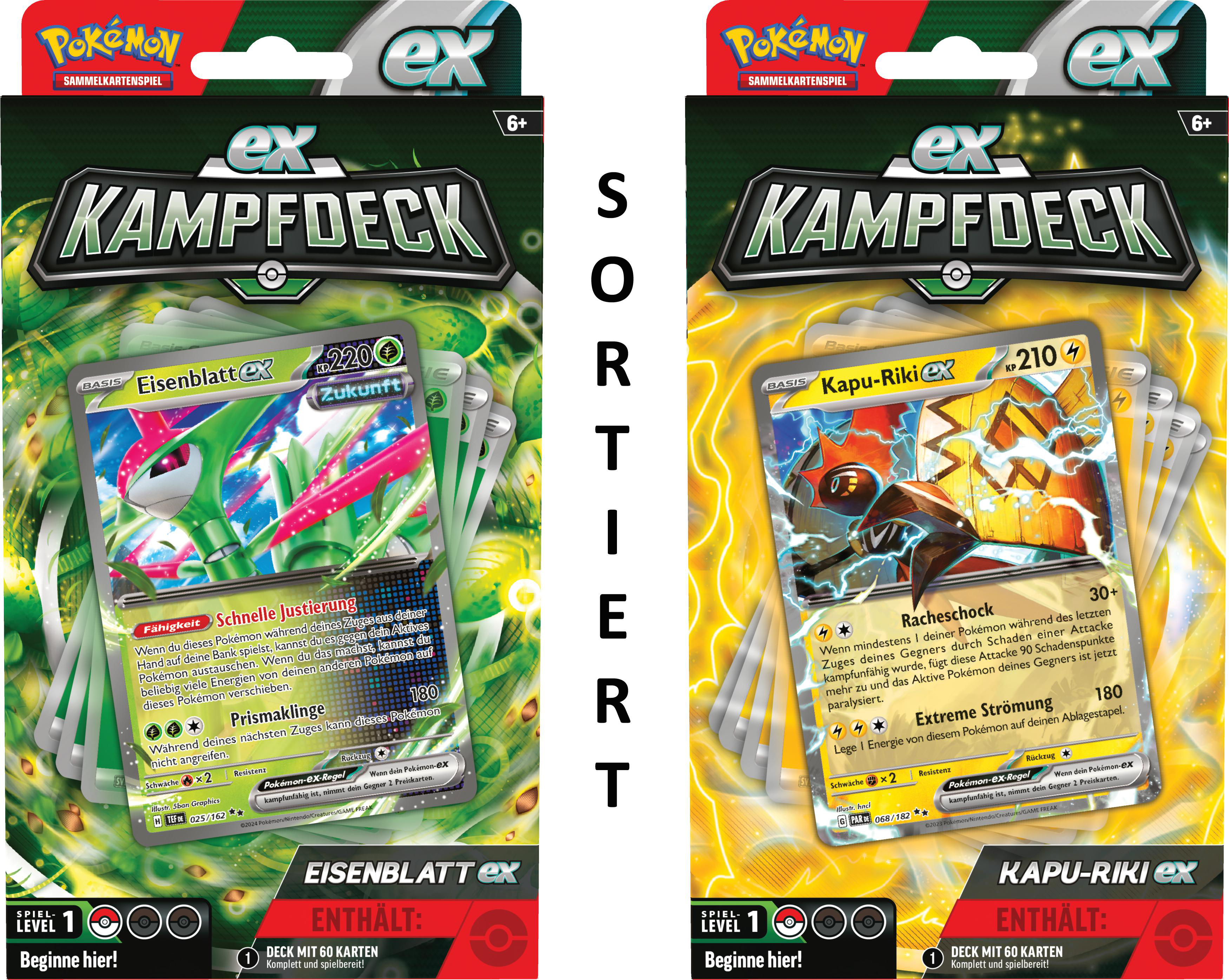 Zwei Pokémon-Kartendecks, eines mit einem grünen Pokémon und das andere mit einem gelben.