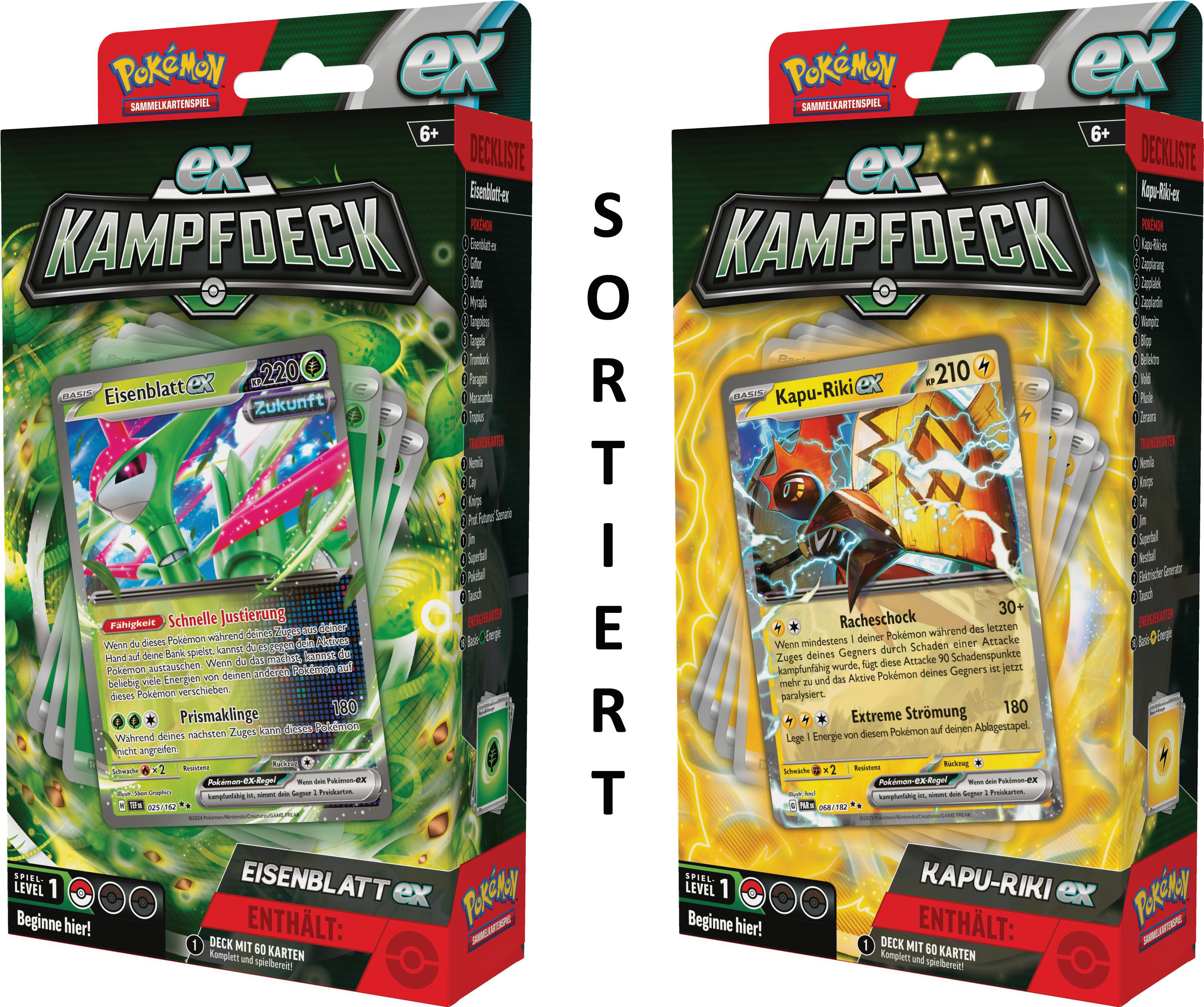 Zwei Pokemon-Kartendeck-Boxen, grün und gelb, mit Text.
