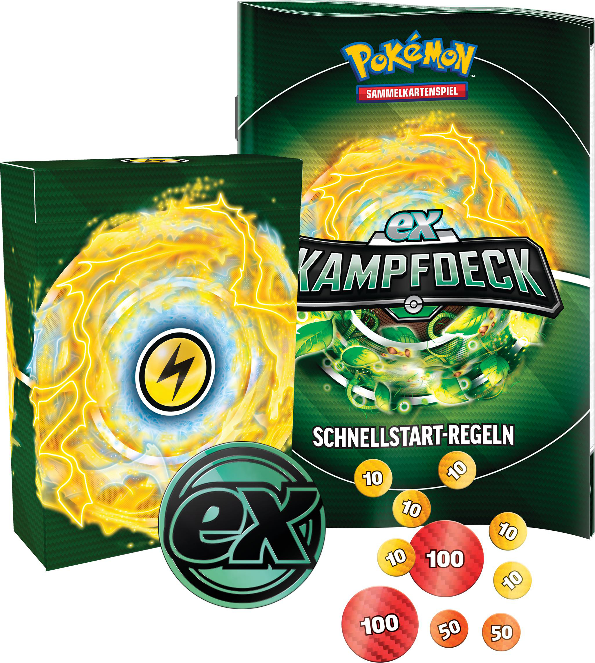 Pokemon-Kartenspielset mit Deckbox, Schnellstartanleitung und Token, alles in Grün und Gelb.