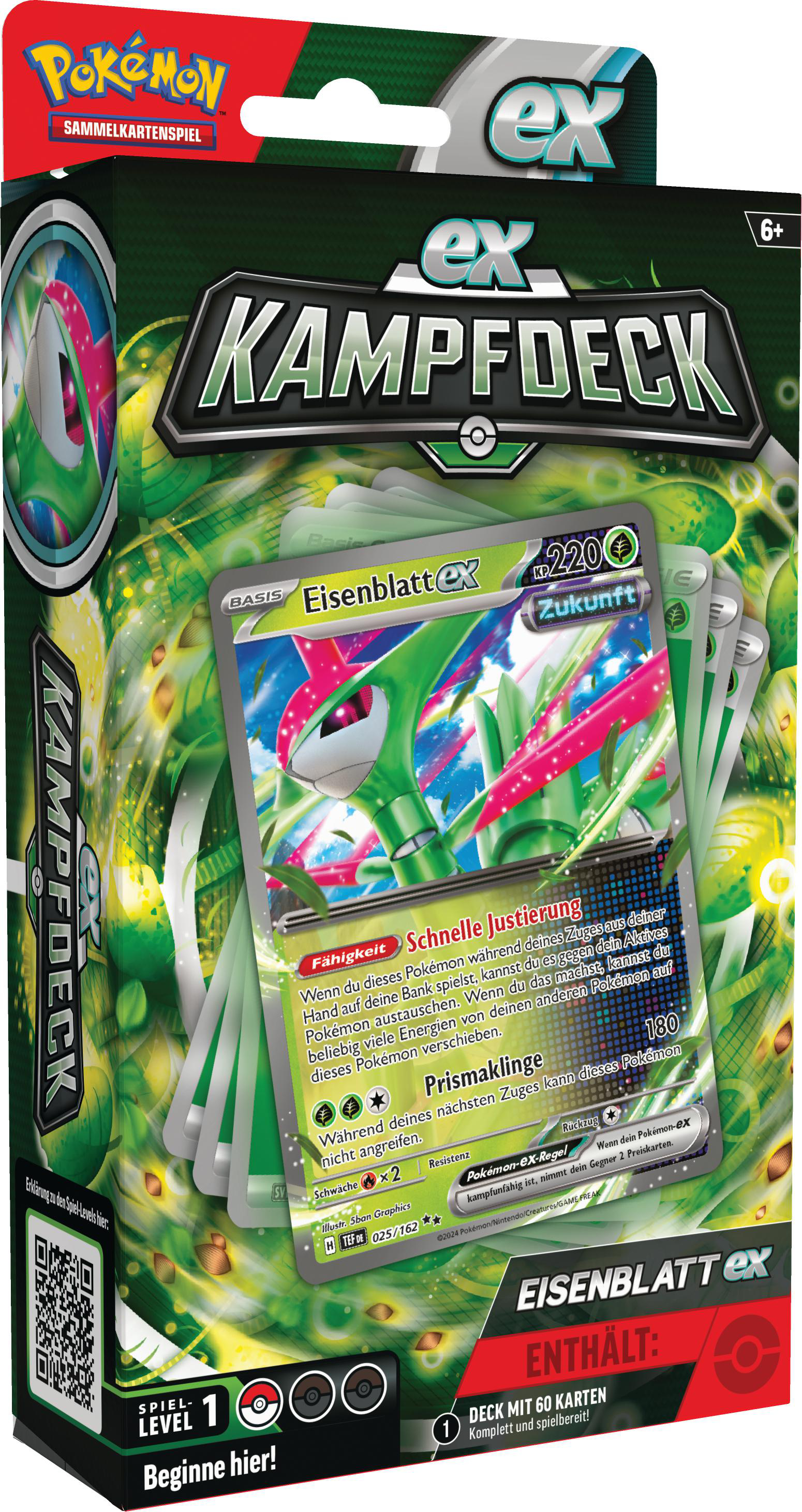 Pokemon-Kartenspielbox. Grüne Box mit 'ex KAMPFDECK'-Titel, Pokemon-Karten und Pokemon-Charakteren.