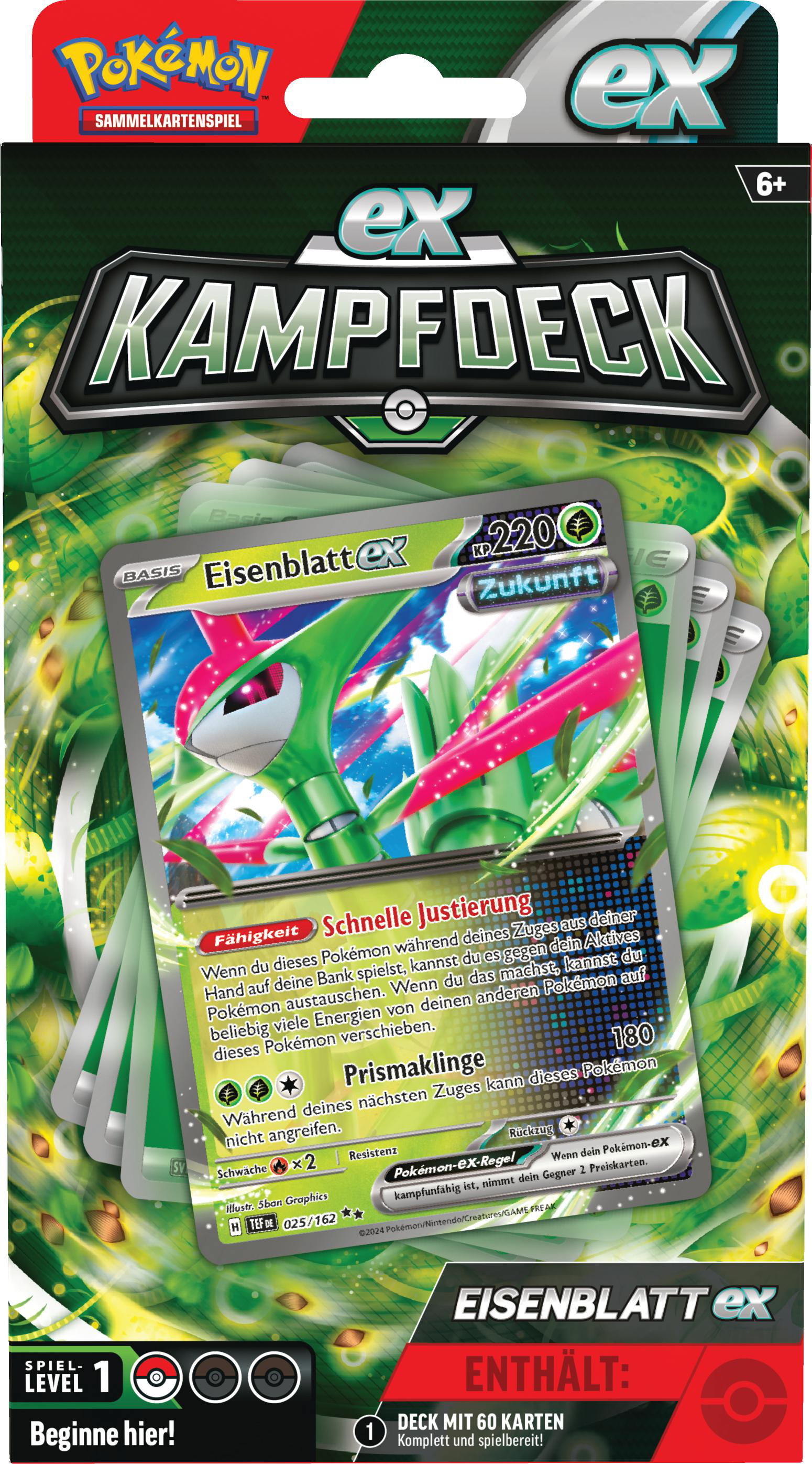 Eine Pokémon-Sammelkartenspielpackung mit einer Karte, die ein grünes und blaues Pokémon zeigt.