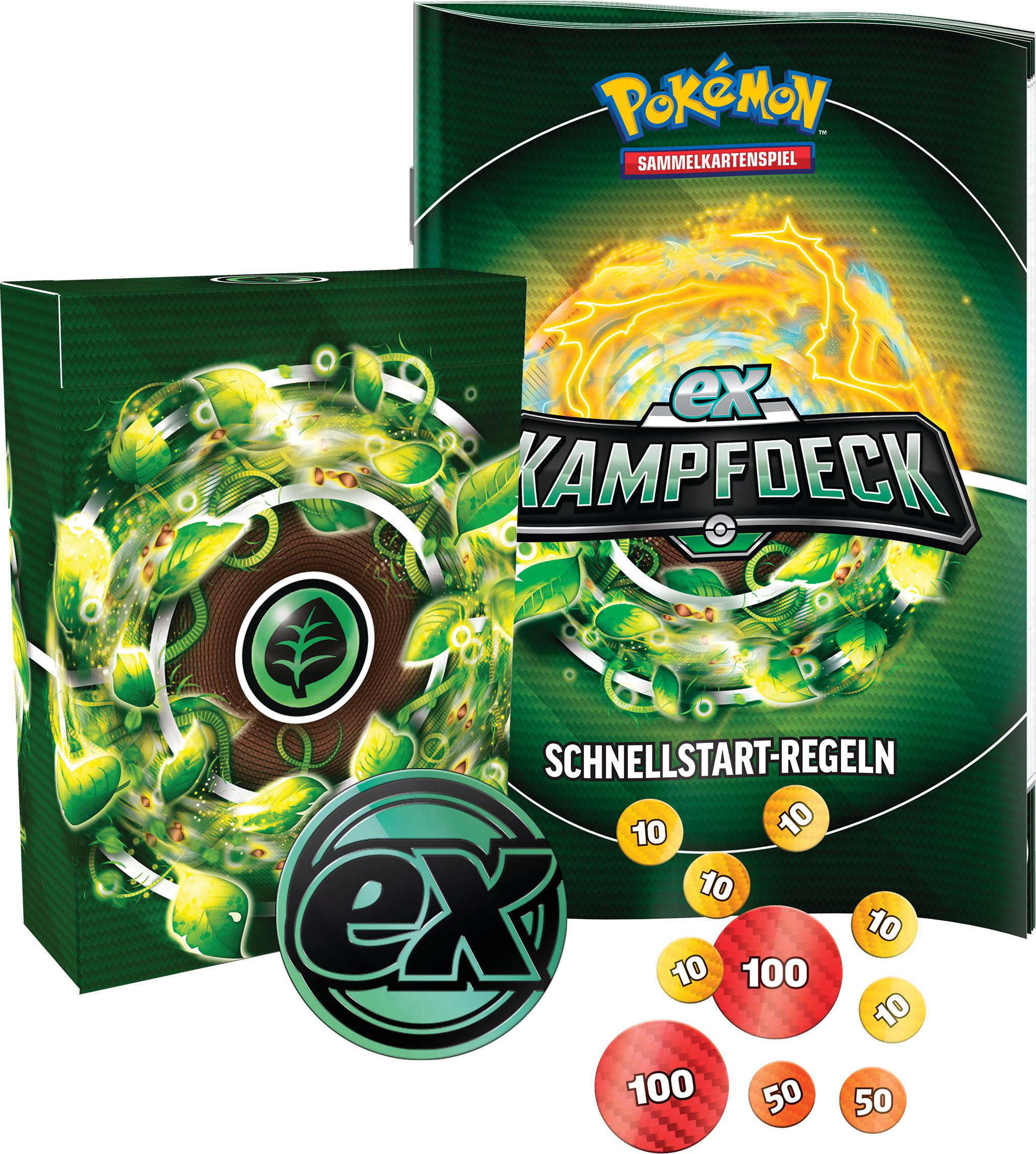 Pokemon ex Kampfdeck Box-Set. Enthält Karten, Token und Regelblätter, grün und gold.
